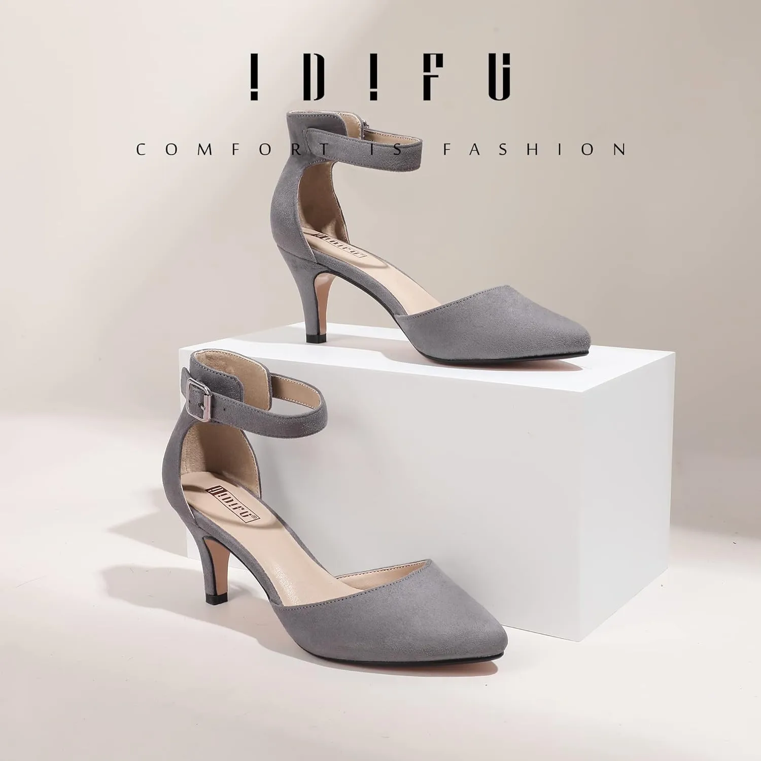 IDIFU Women's IN3 D'Orsay Pumps Low Kitten Heels for Women Dress Shoes Pointed Closed Toe Wedding Bride Ankle Strap Dressy Silver Black Nude White Gold Heels for Women