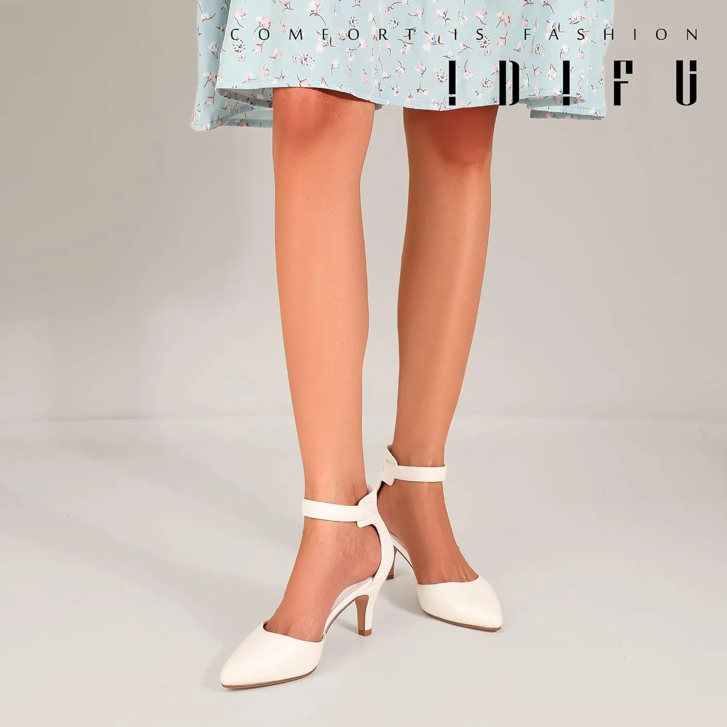 IDIFU Women's IN3 D'Orsay Pumps Low Kitten Heels for Women Dress Shoes Pointed Closed Toe Wedding Bride Ankle Strap Dressy Silver Black Nude White Gold Heels for Women