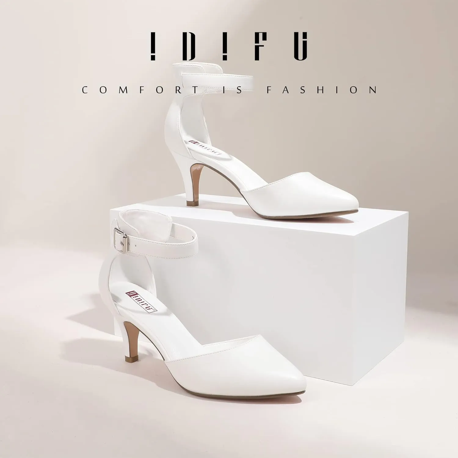 IDIFU Women's IN3 D'Orsay Pumps Low Kitten Heels for Women Dress Shoes Pointed Closed Toe Wedding Bride Ankle Strap Dressy Silver Black Nude White Gold Heels for Women