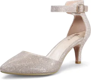 IDIFU Women's IN3 D'Orsay Pumps Low Kitten Heels for Women Dress Shoes Pointed Closed Toe Wedding Bride Ankle Strap Dressy Silver Black Nude White Gold Heels for Women