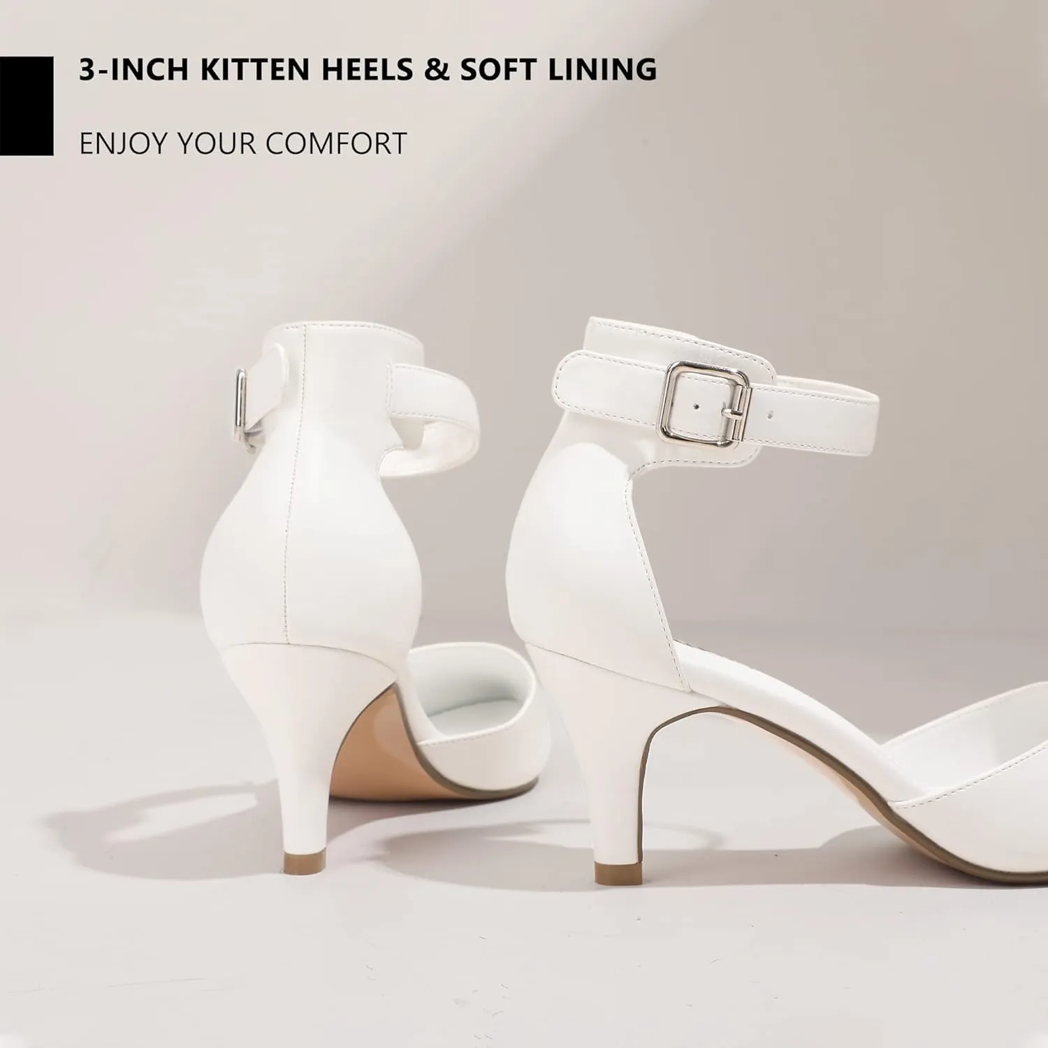 IDIFU Women's IN3 D'Orsay Pumps Low Kitten Heels for Women Dress Shoes Pointed Closed Toe Wedding Bride Ankle Strap Dressy Silver Black Nude White Gold Heels for Women