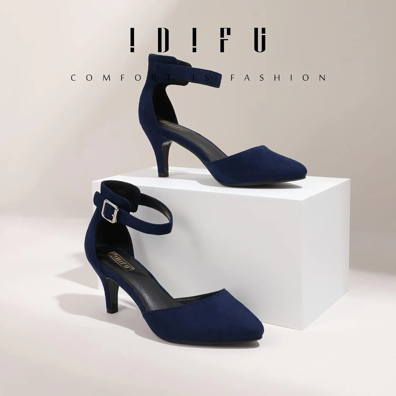 IDIFU Women's IN3 D'Orsay Pumps Low Kitten Heels for Women Dress Shoes Pointed Closed Toe Wedding Bride Ankle Strap Dressy Silver Black Nude White Gold Heels for Women