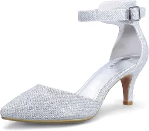 IDIFU Women's IN3 D'Orsay Pumps Low Kitten Heels for Women Dress Shoes Pointed Closed Toe Wedding Bride Ankle Strap Dressy Silver Black Nude White Gold Heels for Women