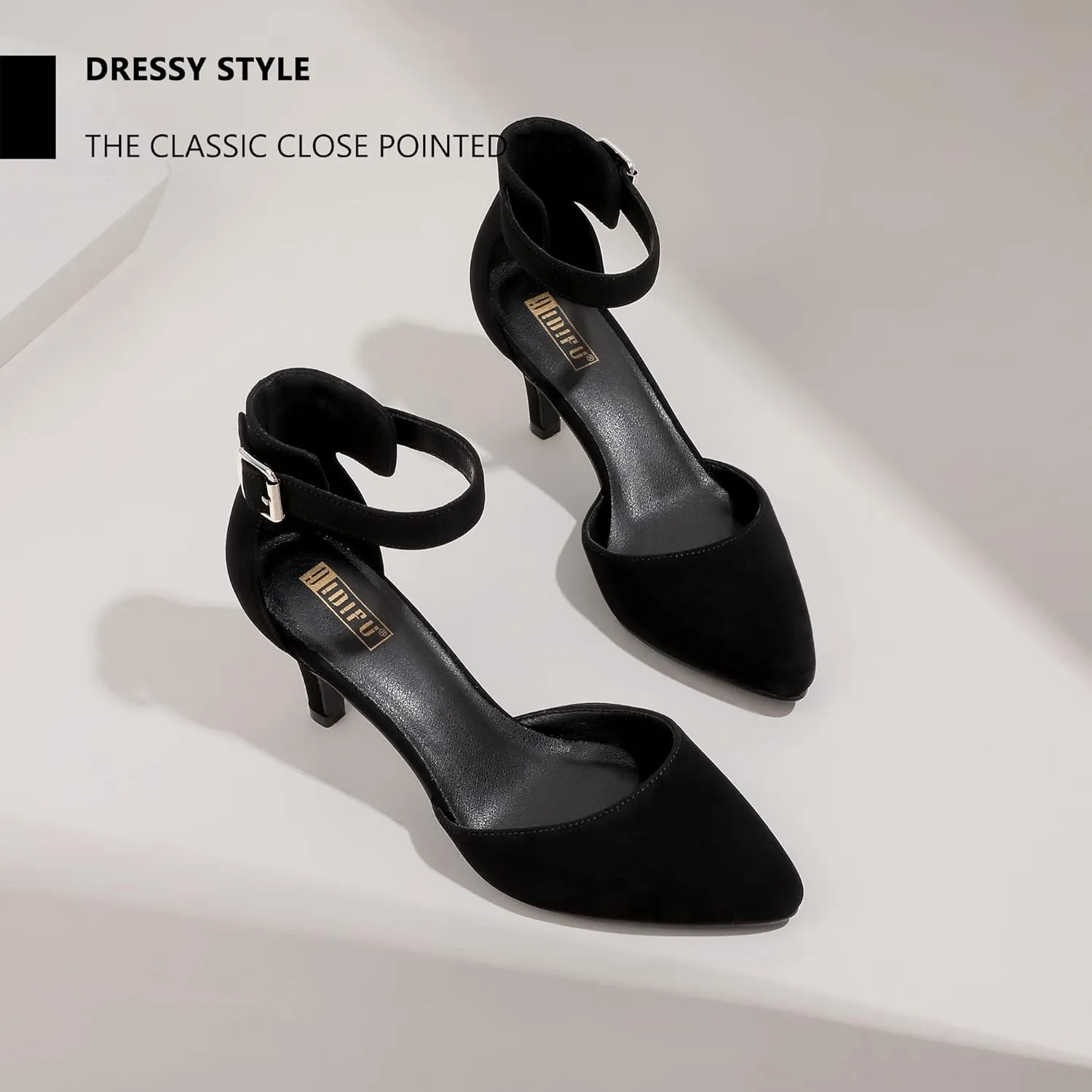IDIFU Women's IN3 D'Orsay Pumps Low Kitten Heels for Women Dress Shoes Pointed Closed Toe Wedding Bride Ankle Strap Dressy Silver Black Nude White Gold Heels for Women