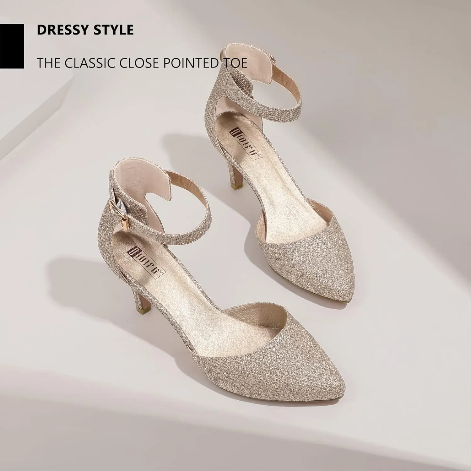 IDIFU Women's IN3 D'Orsay Pumps Low Kitten Heels for Women Dress Shoes Pointed Closed Toe Wedding Bride Ankle Strap Dressy Silver Black Nude White Gold Heels for Women