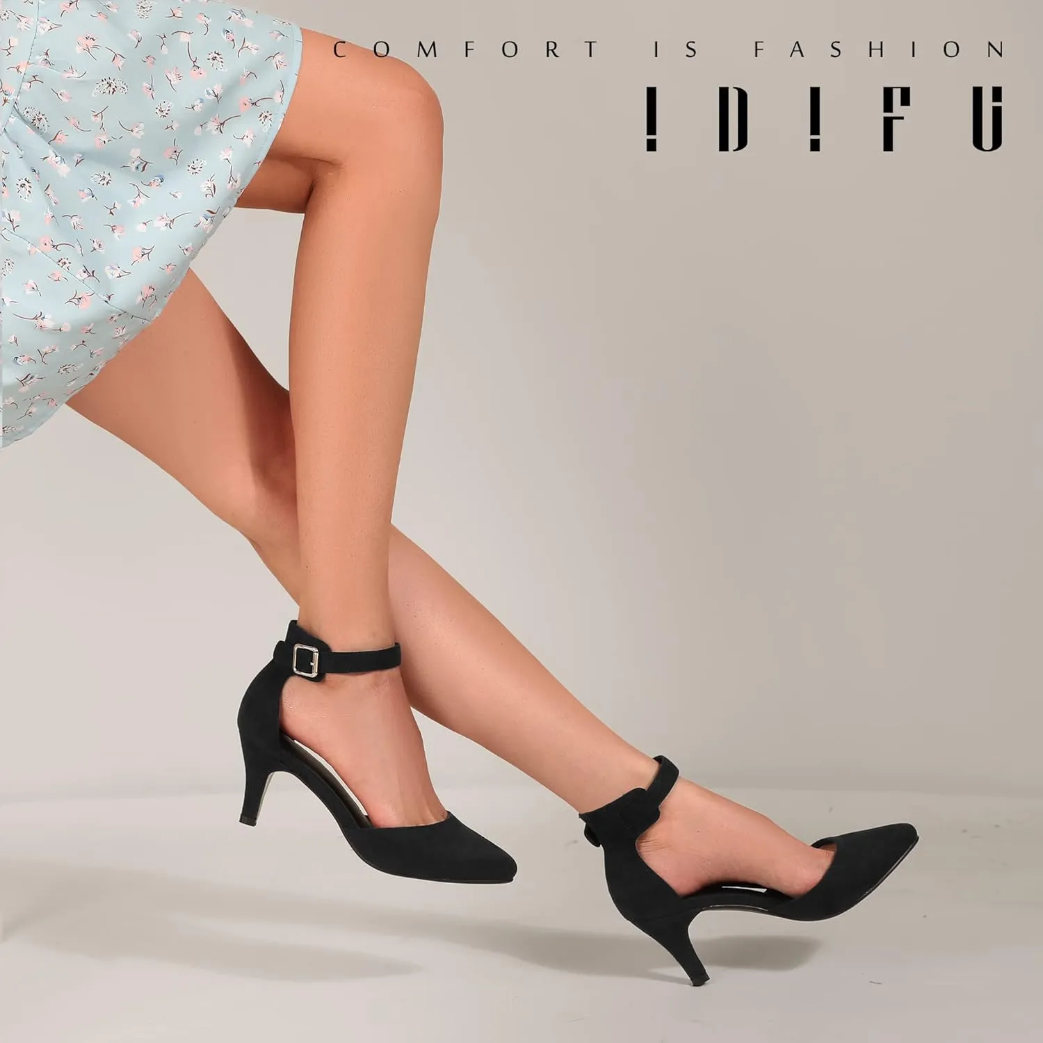 IDIFU Women's IN3 D'Orsay Pumps Low Kitten Heels for Women Dress Shoes Pointed Closed Toe Wedding Bride Ankle Strap Dressy Silver Black Nude White Gold Heels for Women