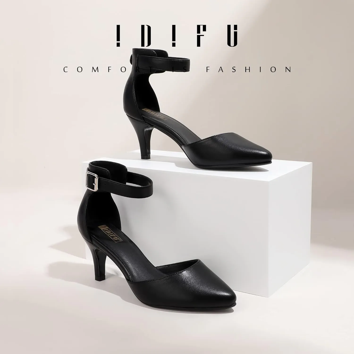 IDIFU Women's IN3 D'Orsay Pumps Low Kitten Heels for Women Dress Shoes Pointed Closed Toe Wedding Bride Ankle Strap Dressy Silver Black Nude White Gold Heels for Women