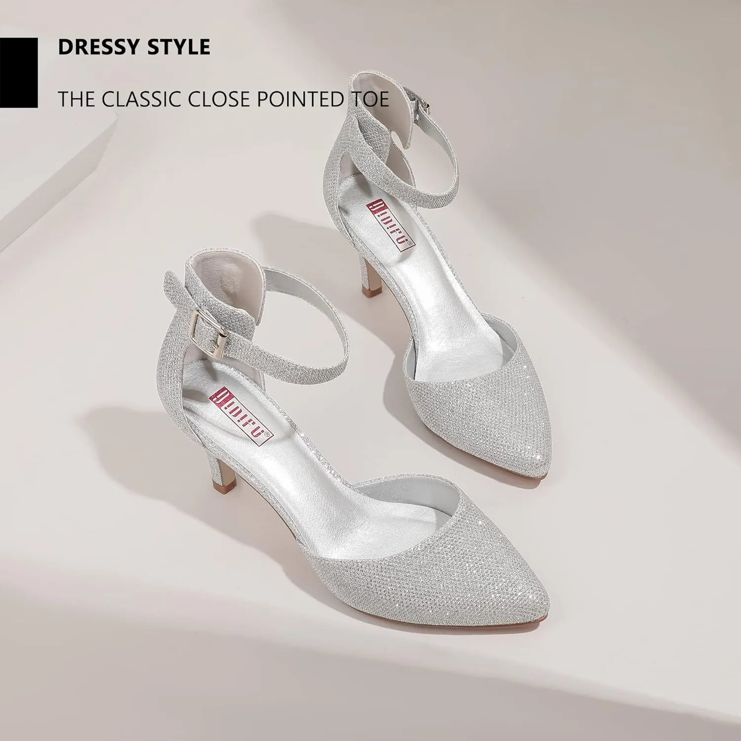 IDIFU Women's IN3 D'Orsay Pumps Low Kitten Heels for Women Dress Shoes Pointed Closed Toe Wedding Bride Ankle Strap Dressy Silver Black Nude White Gold Heels for Women