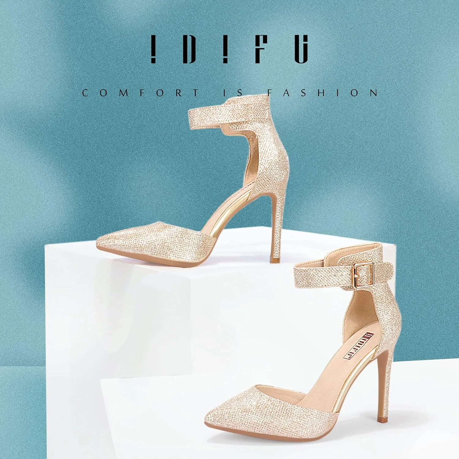 IDIFU Women's IN4 Pedazo High Block Heels Pumps Pointed Closed Toe Ankle Strap Dress Wedding Shoes