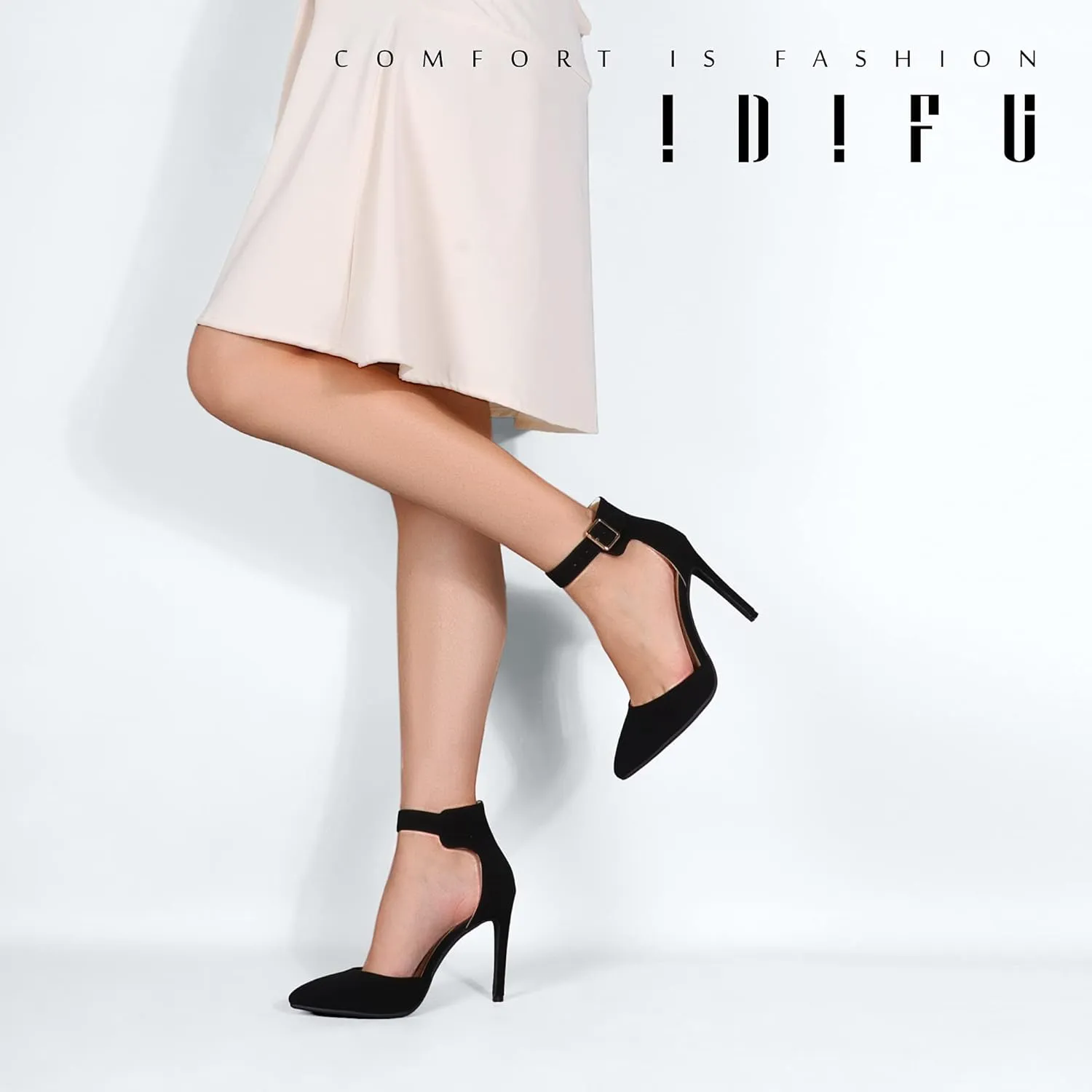 IDIFU Women's IN4 Pedazo High Block Heels Pumps Pointed Closed Toe Ankle Strap Dress Wedding Shoes