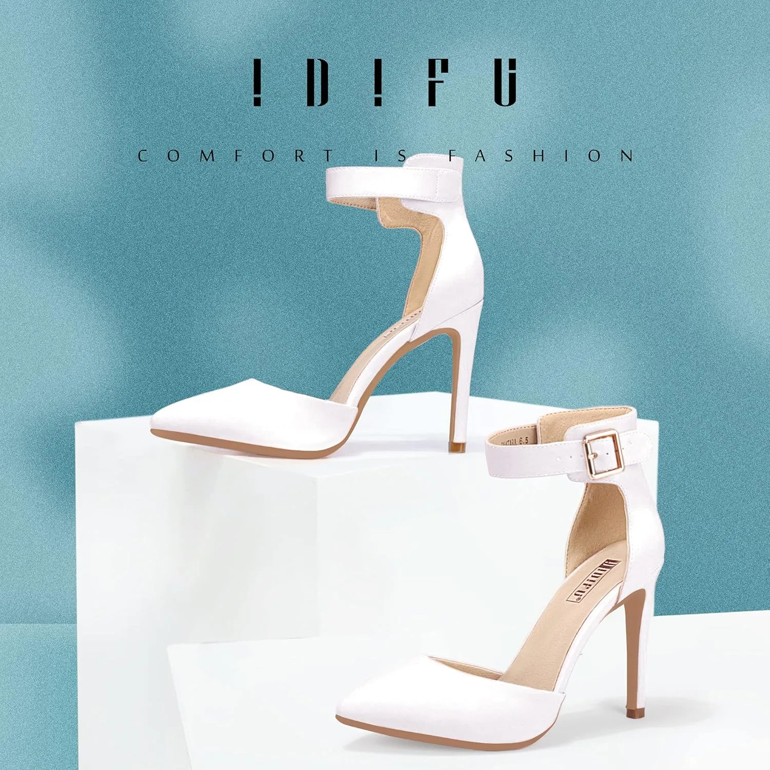 IDIFU Women's IN4 Pedazo High Block Heels Pumps Pointed Closed Toe Ankle Strap Dress Wedding Shoes