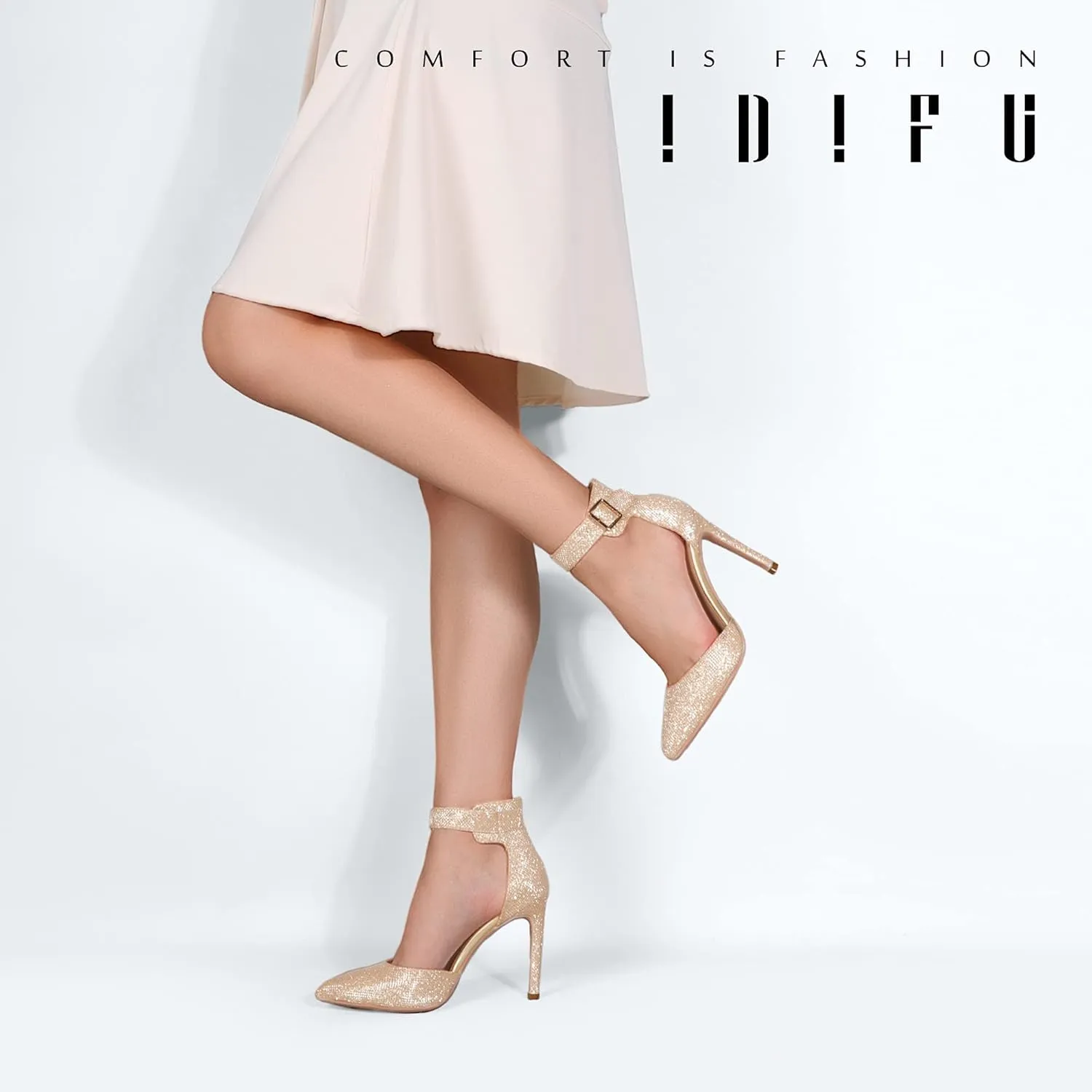 IDIFU Women's IN4 Pedazo High Block Heels Pumps Pointed Closed Toe Ankle Strap Dress Wedding Shoes
