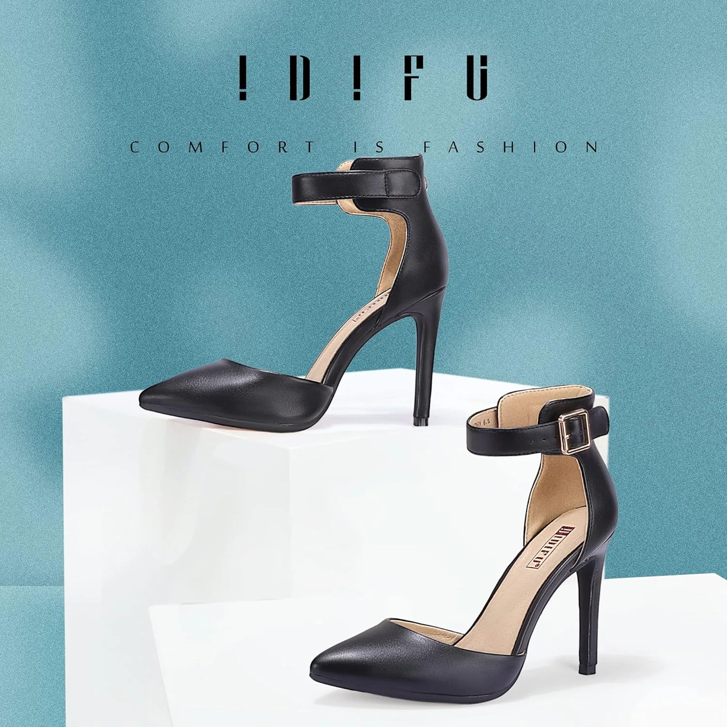 IDIFU Women's IN4 Pedazo High Block Heels Pumps Pointed Closed Toe Ankle Strap Dress Wedding Shoes