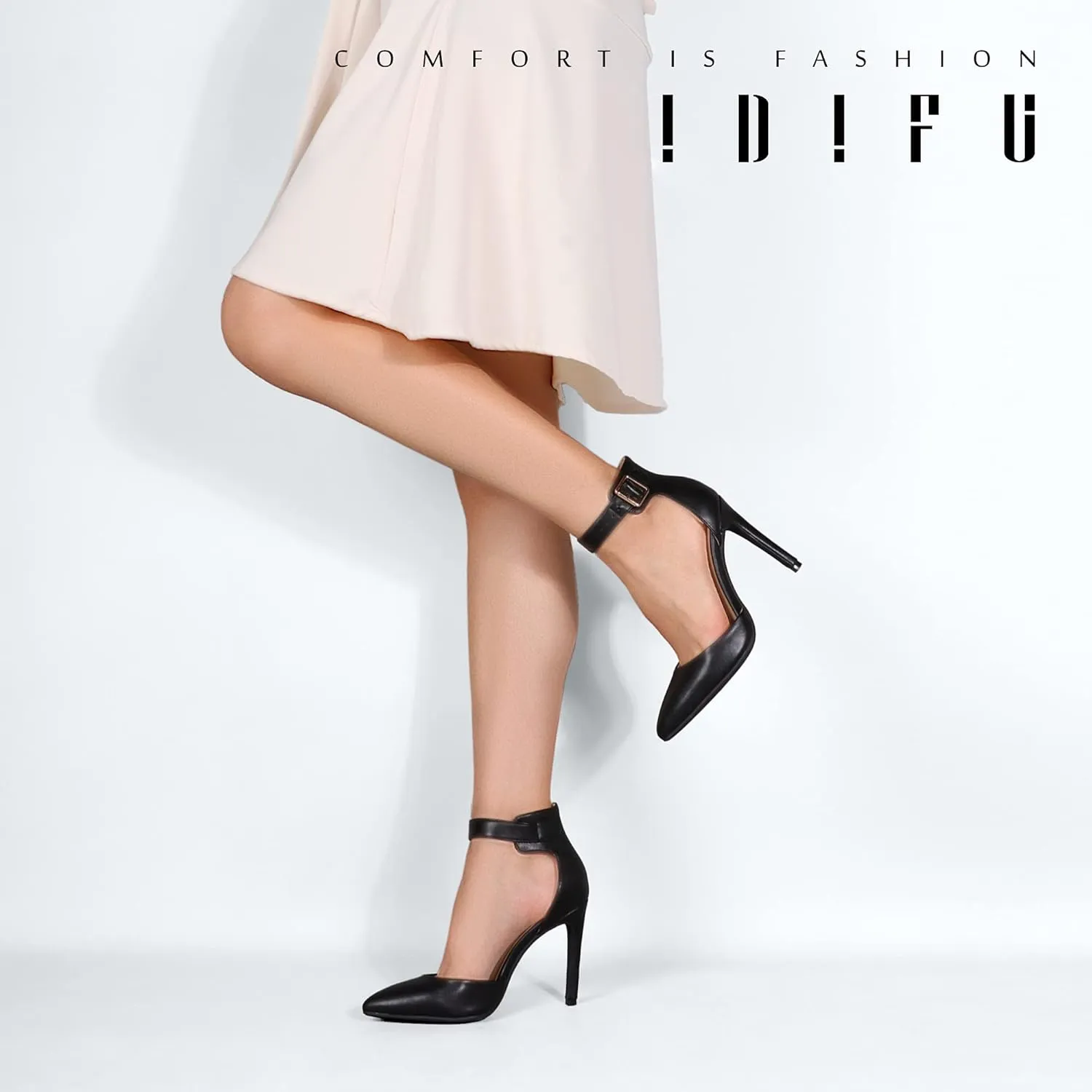IDIFU Women's IN4 Pedazo High Block Heels Pumps Pointed Closed Toe Ankle Strap Dress Wedding Shoes