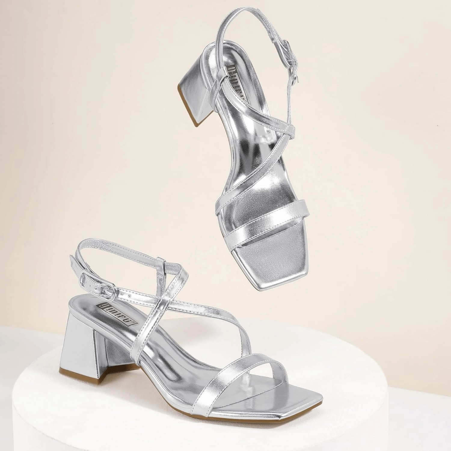 IDIFU IN2 Strappy Heels for Women Square Toe Low Chunky Block Heels with Ankle Strap Women's Slingback Irregular Heel Dress Shoes for Bride Wedding Heeled Sandals Dressy Short Heels