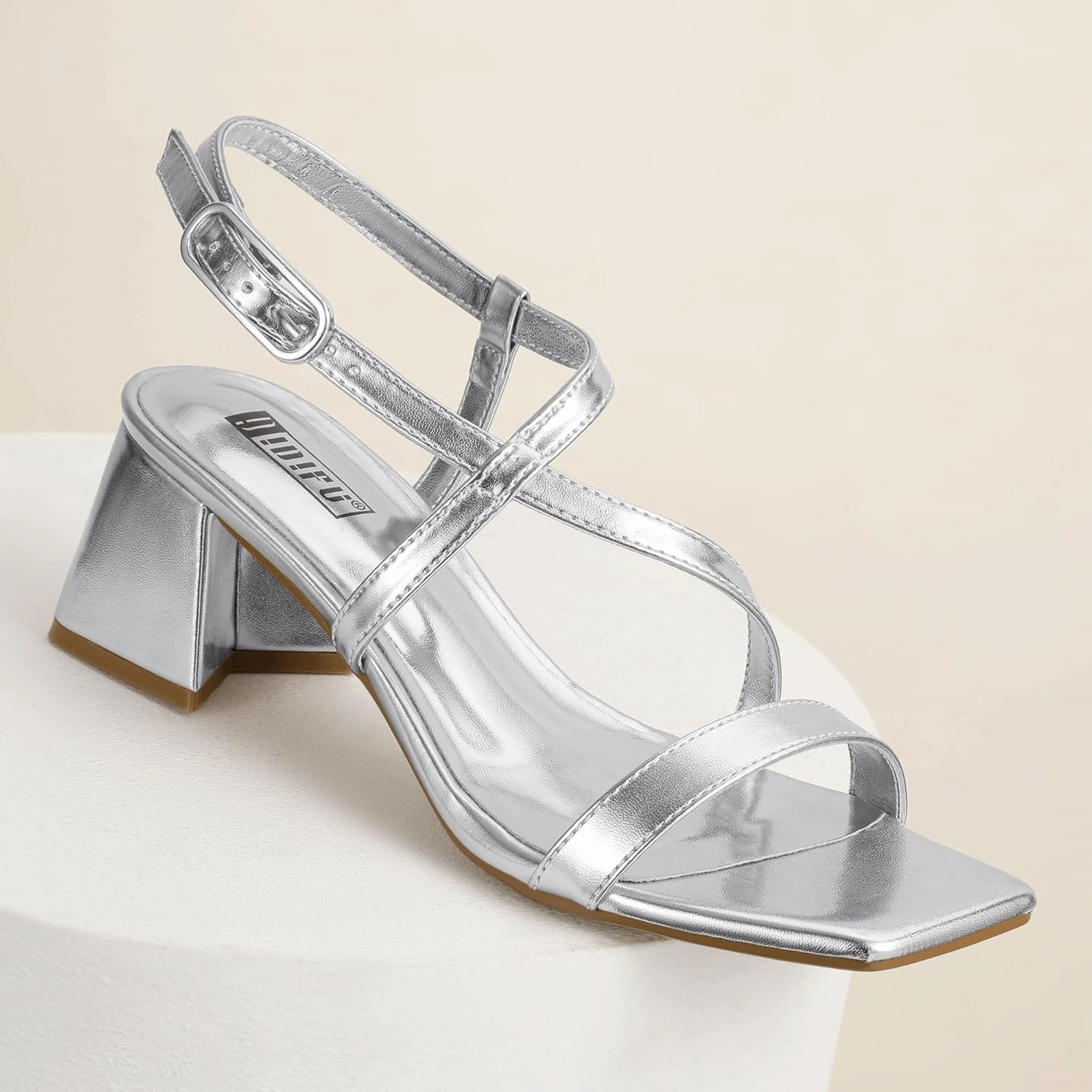 IDIFU IN2 Strappy Heels for Women Square Toe Low Chunky Block Heels with Ankle Strap Women's Slingback Irregular Heel Dress Shoes for Bride Wedding Heeled Sandals Dressy Short Heels
