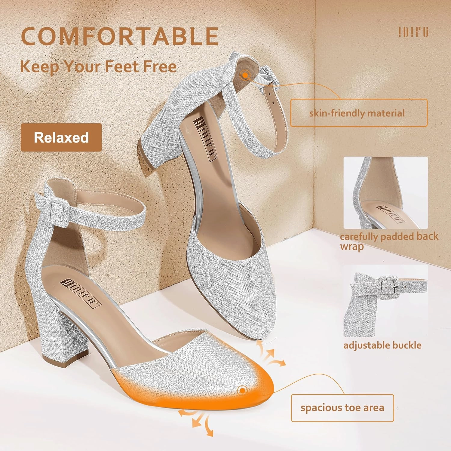IDIFU IN3 Chunky Block Heels - Women's Pumps for Dress, Wedding, Bridal, Homecoming, Prom & Work - Comfortable Ankle Strap, Round Toe, Thick Heels