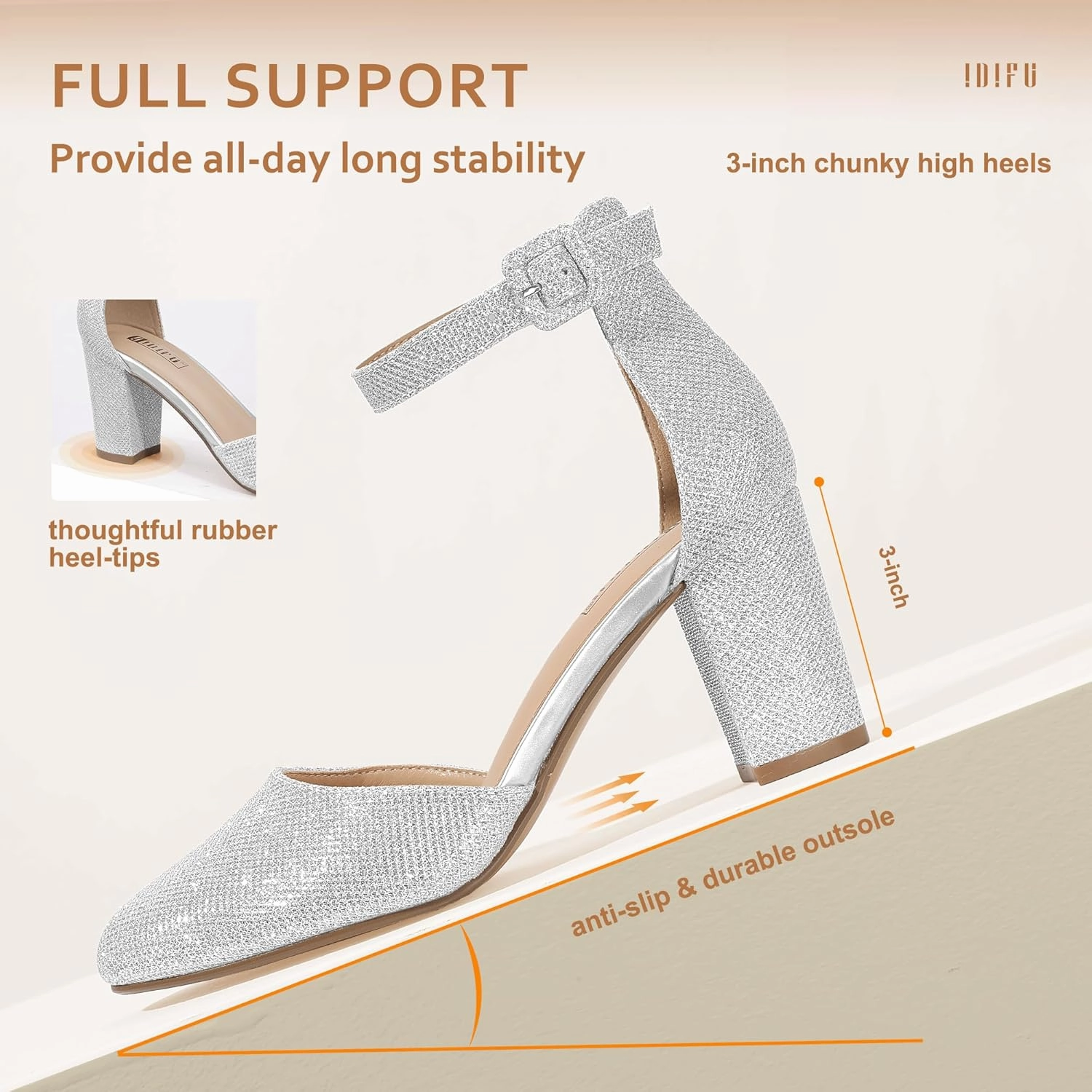 IDIFU IN3 Chunky Block Heels - Women's Pumps for Dress, Wedding, Bridal, Homecoming, Prom & Work - Comfortable Ankle Strap, Round Toe, Thick Heels