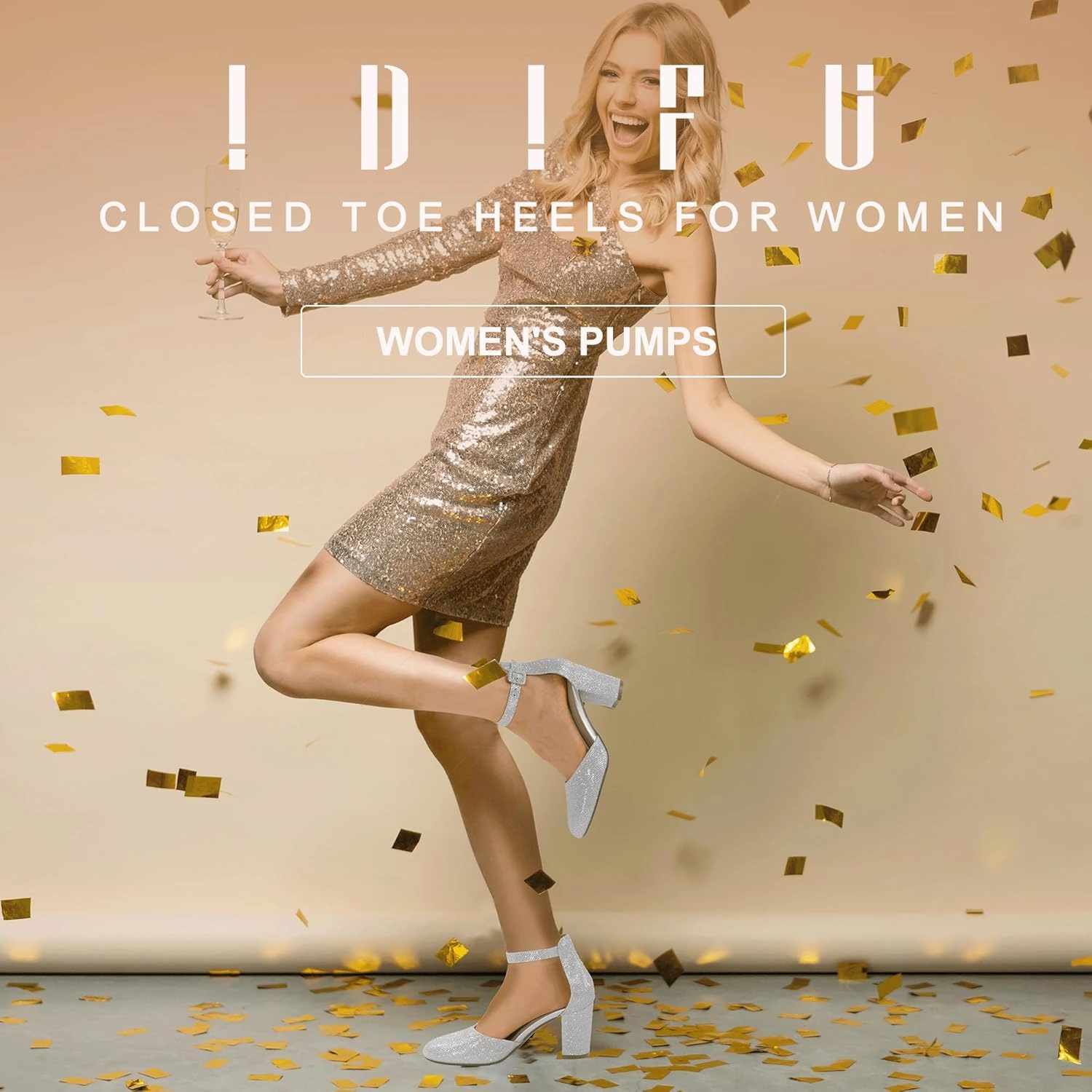 IDIFU IN3 Chunky Block Heels - Women's Pumps for Dress, Wedding, Bridal, Homecoming, Prom & Work - Comfortable Ankle Strap, Round Toe, Thick Heels