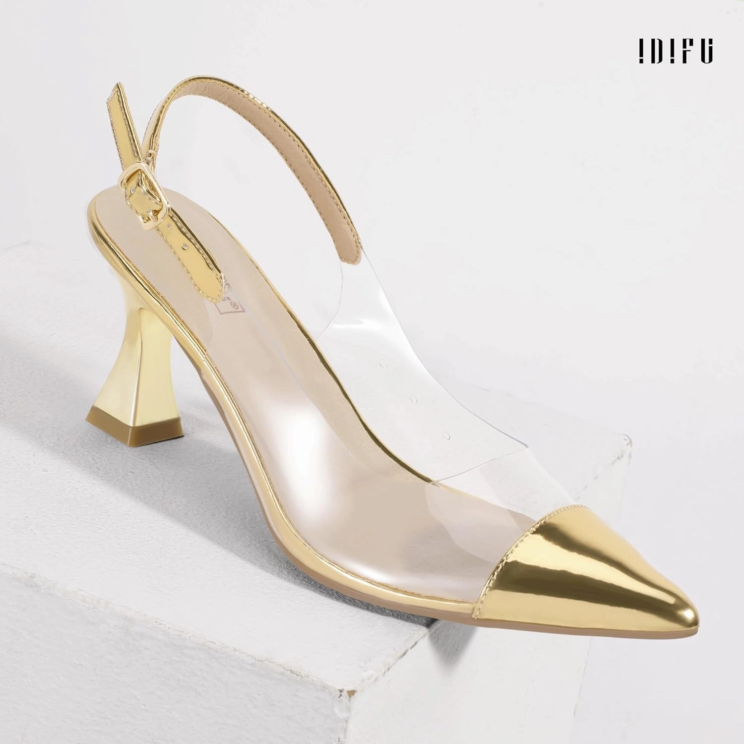 IDIFU IN3 Clear Kitten Heels Women's Pumps Closed Pointed Toe Slingback Low Short Heels Dress Shoes for Women Wedding Bridal Bridesmaid Prom Party Sexy Dressy Cute Trendy Pumps Shoes