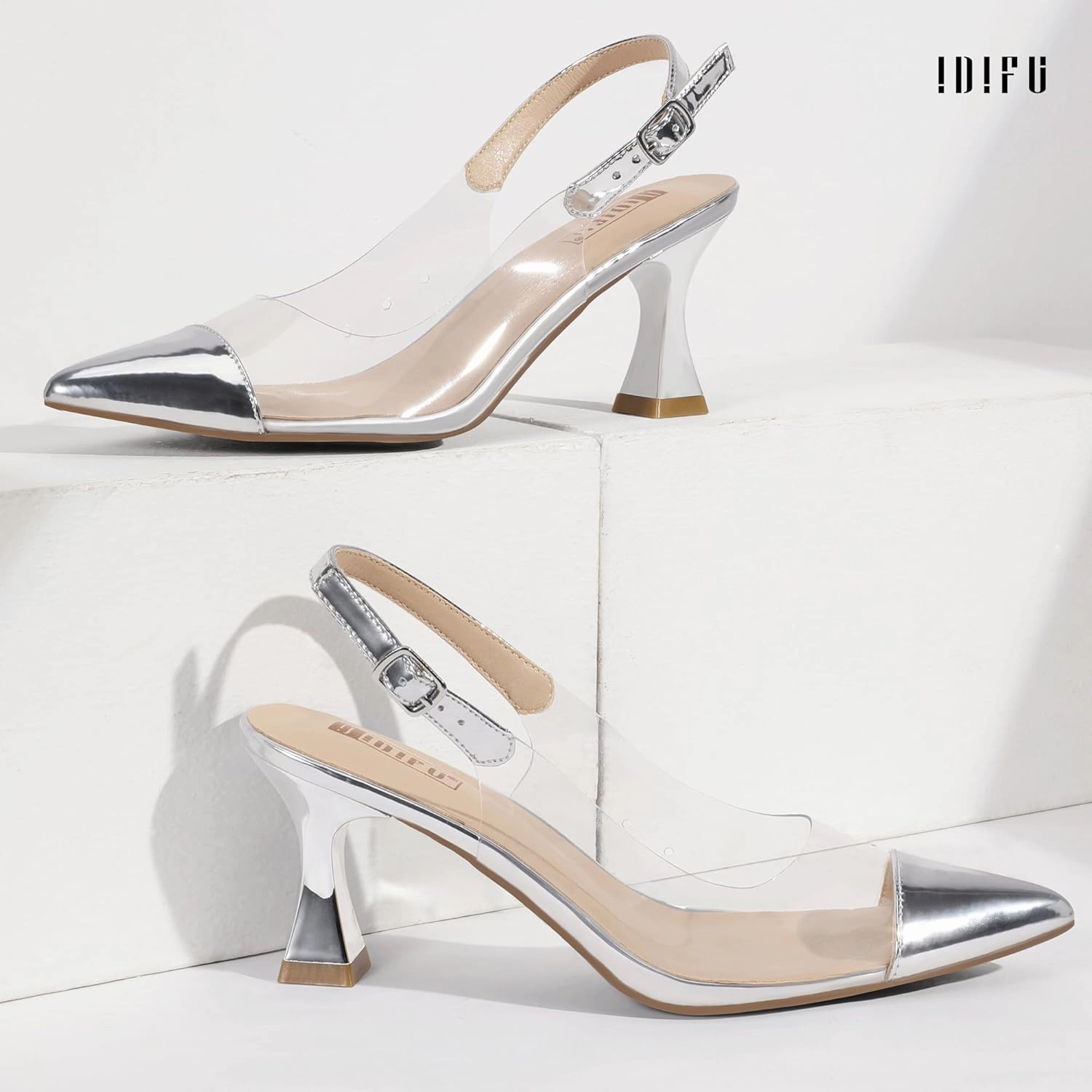 IDIFU IN3 Clear Kitten Heels Women's Pumps Closed Pointed Toe Slingback Low Short Heels Dress Shoes for Women Wedding Bridal Bridesmaid Prom Party Sexy Dressy Cute Trendy Pumps Shoes