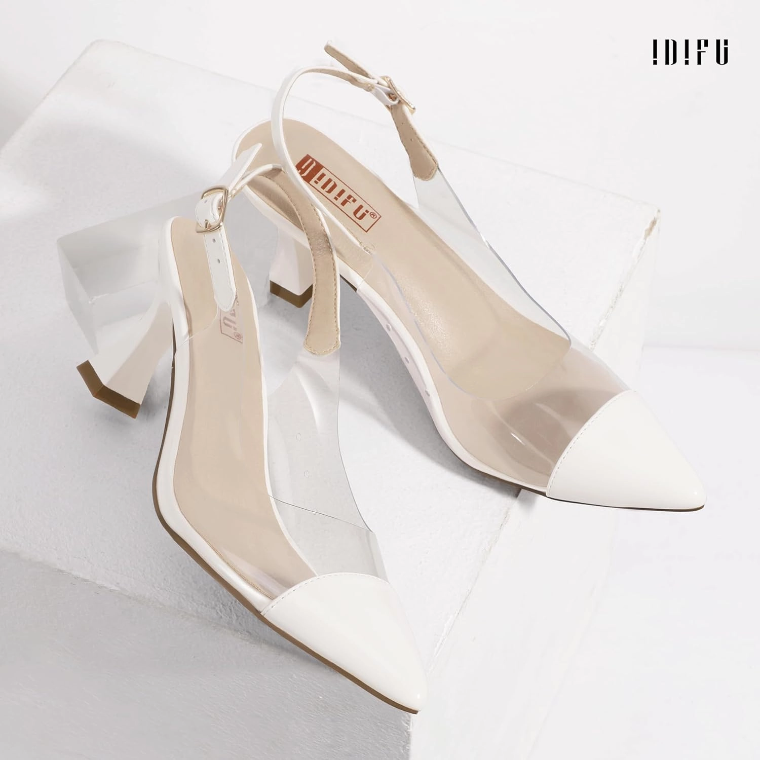 IDIFU IN3 Clear Kitten Heels Women's Pumps Closed Pointed Toe Slingback Low Short Heels Dress Shoes for Women Wedding Bridal Bridesmaid Prom Party Sexy Dressy Cute Trendy Pumps Shoes