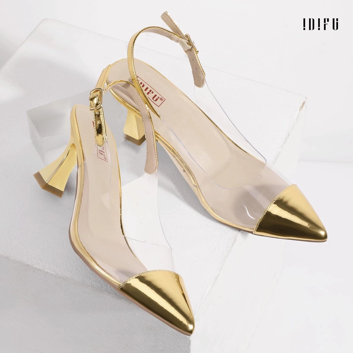 IDIFU IN3 Clear Kitten Heels Women's Pumps Closed Pointed Toe Slingback Low Short Heels Dress Shoes for Women Wedding Bridal Bridesmaid Prom Party Sexy Dressy Cute Trendy Pumps Shoes