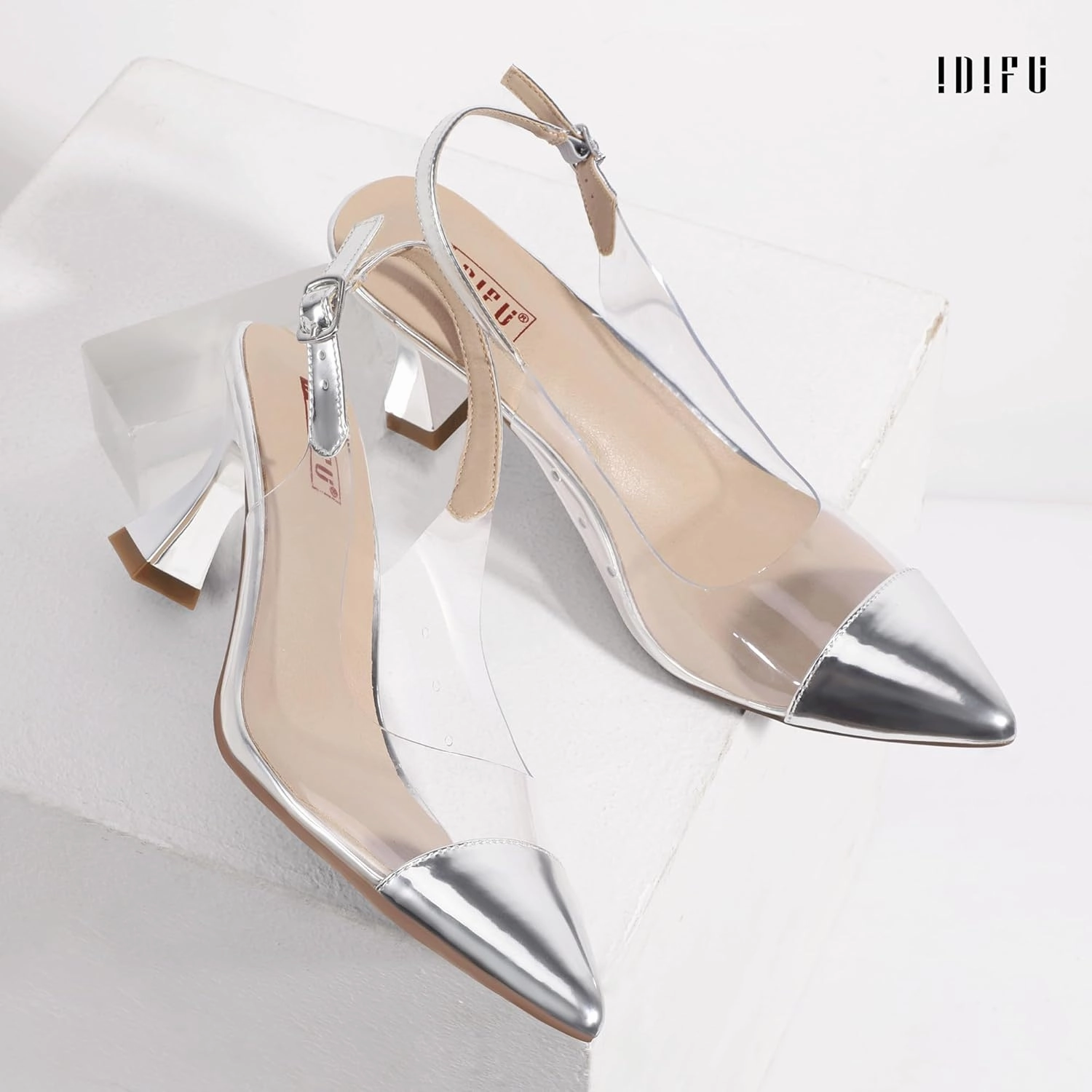 IDIFU IN3 Clear Kitten Heels Women's Pumps Closed Pointed Toe Slingback Low Short Heels Dress Shoes for Women Wedding Bridal Bridesmaid Prom Party Sexy Dressy Cute Trendy Pumps Shoes