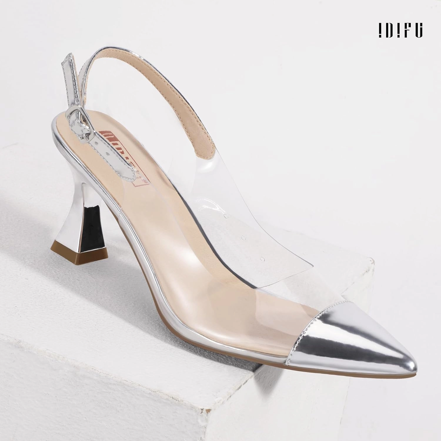 IDIFU IN3 Clear Kitten Heels Women's Pumps Closed Pointed Toe Slingback Low Short Heels Dress Shoes for Women Wedding Bridal Bridesmaid Prom Party Sexy Dressy Cute Trendy Pumps Shoes