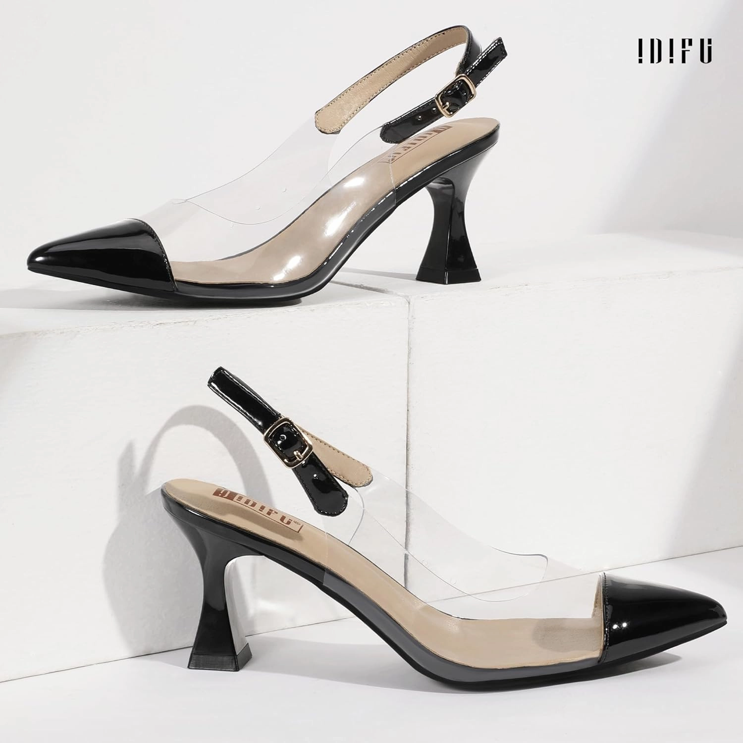 IDIFU IN3 Clear Kitten Heels Women's Pumps Closed Pointed Toe Slingback Low Short Heels Dress Shoes for Women Wedding Bridal Bridesmaid Prom Party Sexy Dressy Cute Trendy Pumps Shoes
