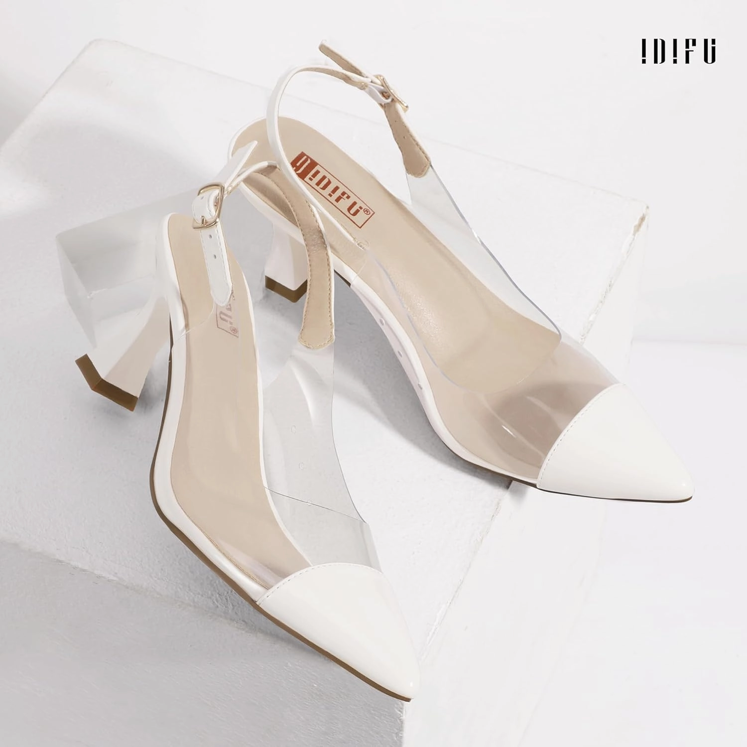 IDIFU IN3 Clear Kitten Heels Women's Pumps Closed Pointed Toe Slingback Low Short Heels Dress Shoes for Women Wedding Bridal Bridesmaid Prom Party Sexy Dressy Cute Trendy Pumps Shoes