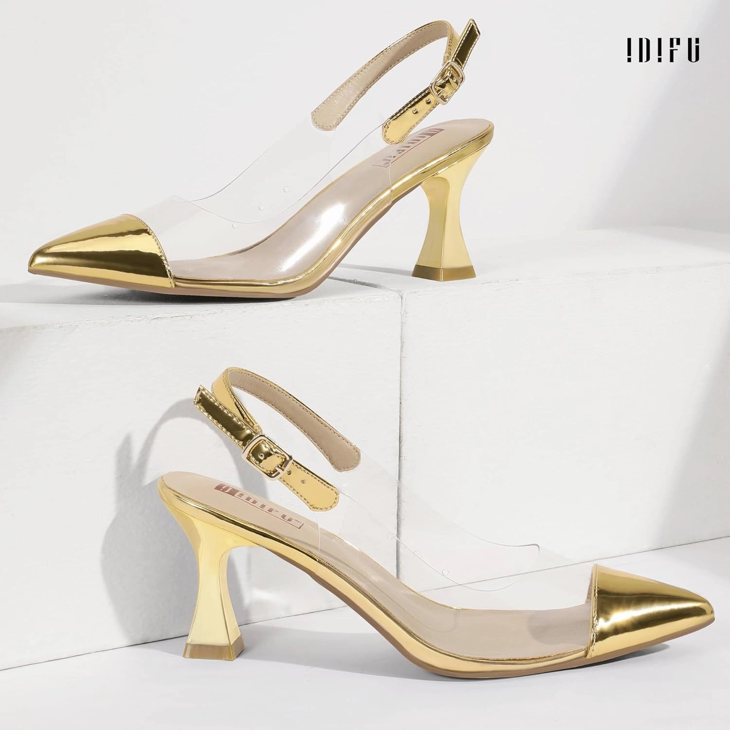 IDIFU IN3 Clear Kitten Heels Women's Pumps Closed Pointed Toe Slingback Low Short Heels Dress Shoes for Women Wedding Bridal Bridesmaid Prom Party Sexy Dressy Cute Trendy Pumps Shoes