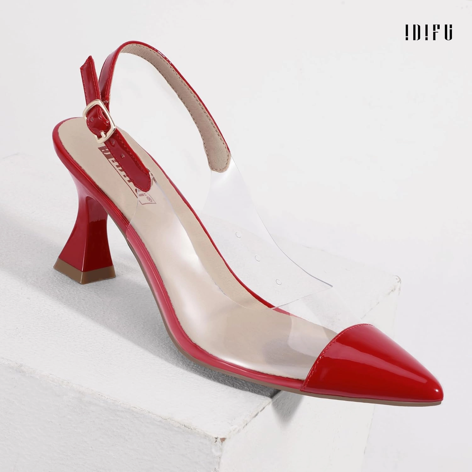 IDIFU IN3 Clear Kitten Heels Women's Pumps Closed Pointed Toe Slingback Low Short Heels Dress Shoes for Women Wedding Bridal Bridesmaid Prom Party Sexy Dressy Cute Trendy Pumps Shoes