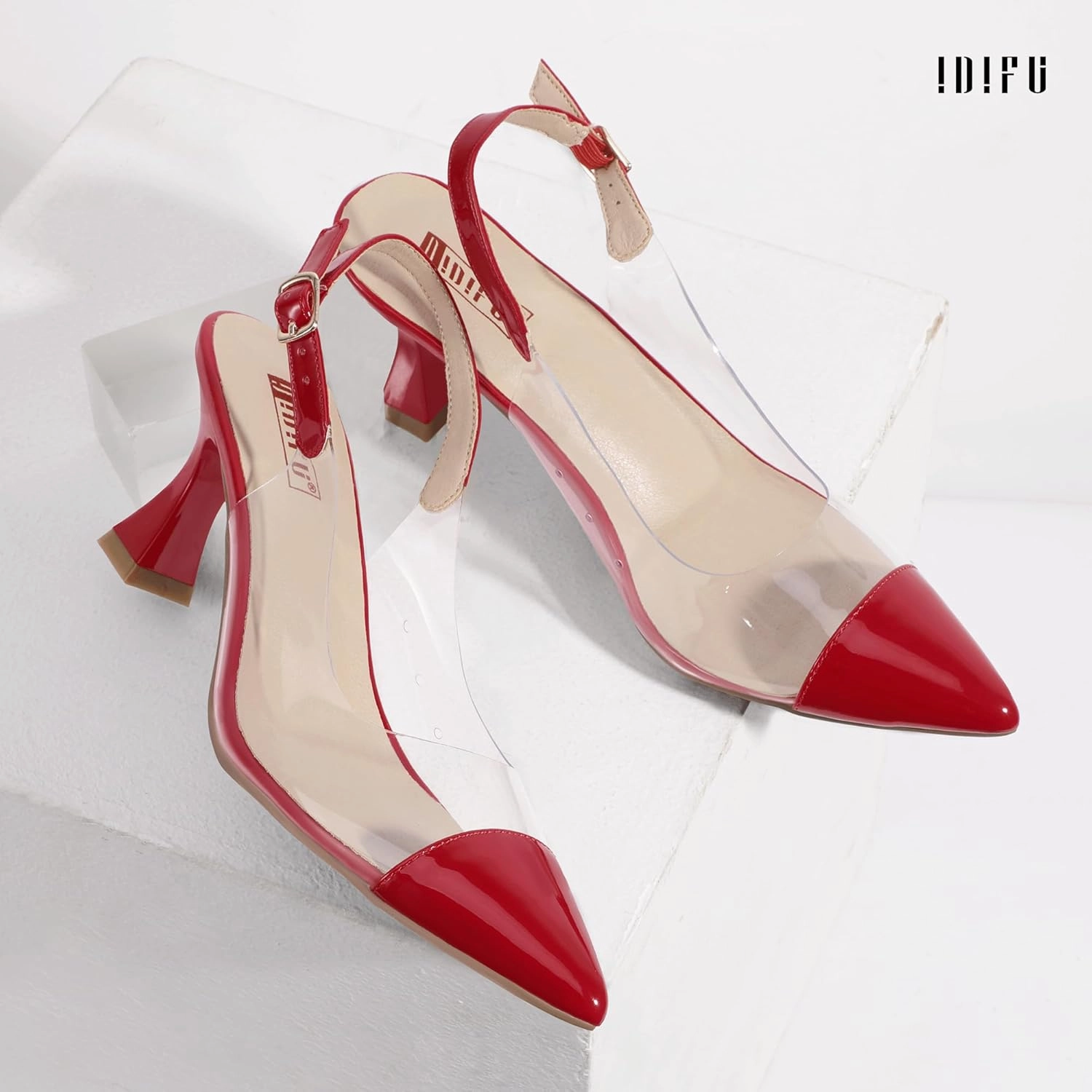 IDIFU IN3 Clear Kitten Heels Women's Pumps Closed Pointed Toe Slingback Low Short Heels Dress Shoes for Women Wedding Bridal Bridesmaid Prom Party Sexy Dressy Cute Trendy Pumps Shoes
