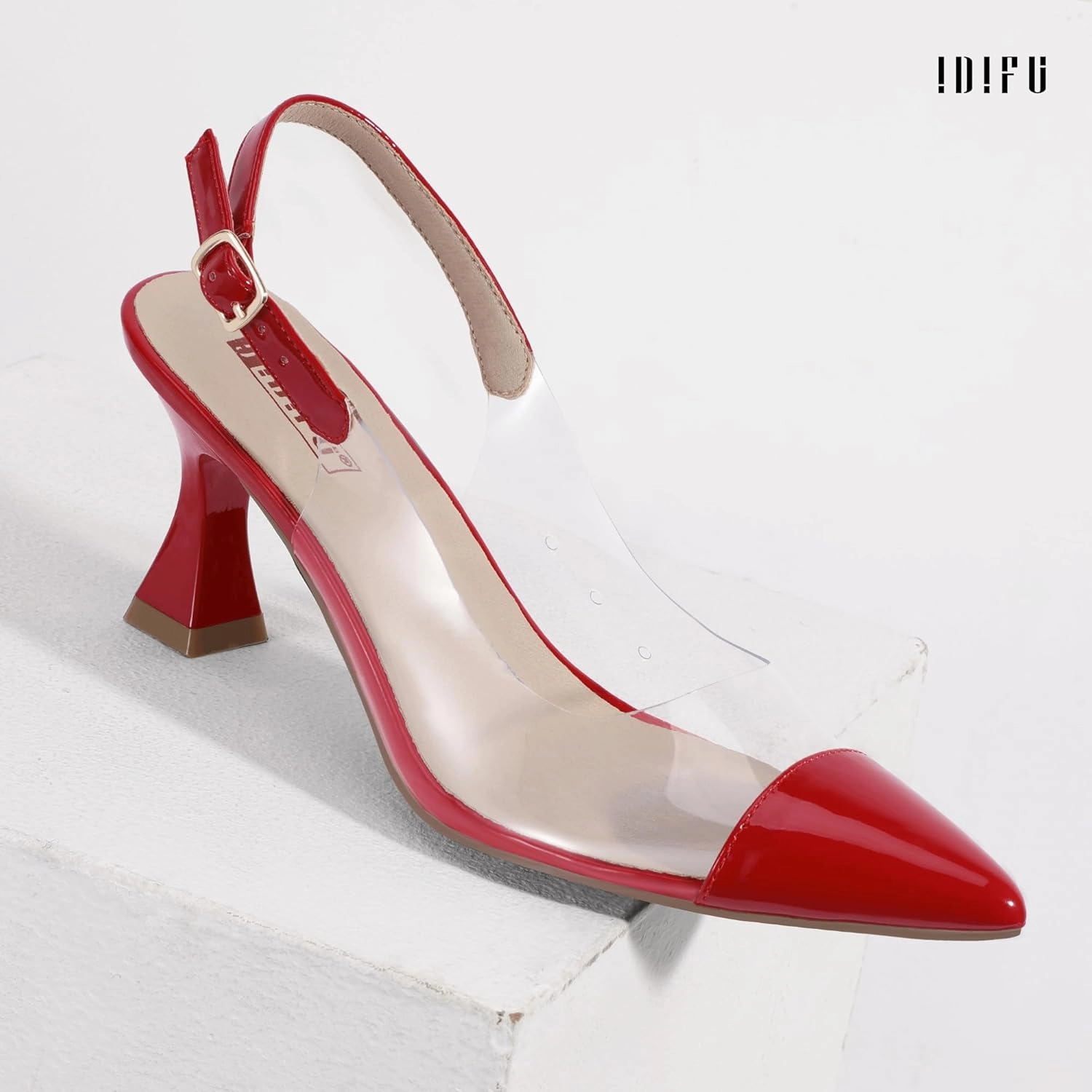 IDIFU IN3 Clear Kitten Heels Women's Pumps Closed Pointed Toe Slingback Low Short Heels Dress Shoes for Women Wedding Bridal Bridesmaid Prom Party Sexy Dressy Cute Trendy Pumps Shoes