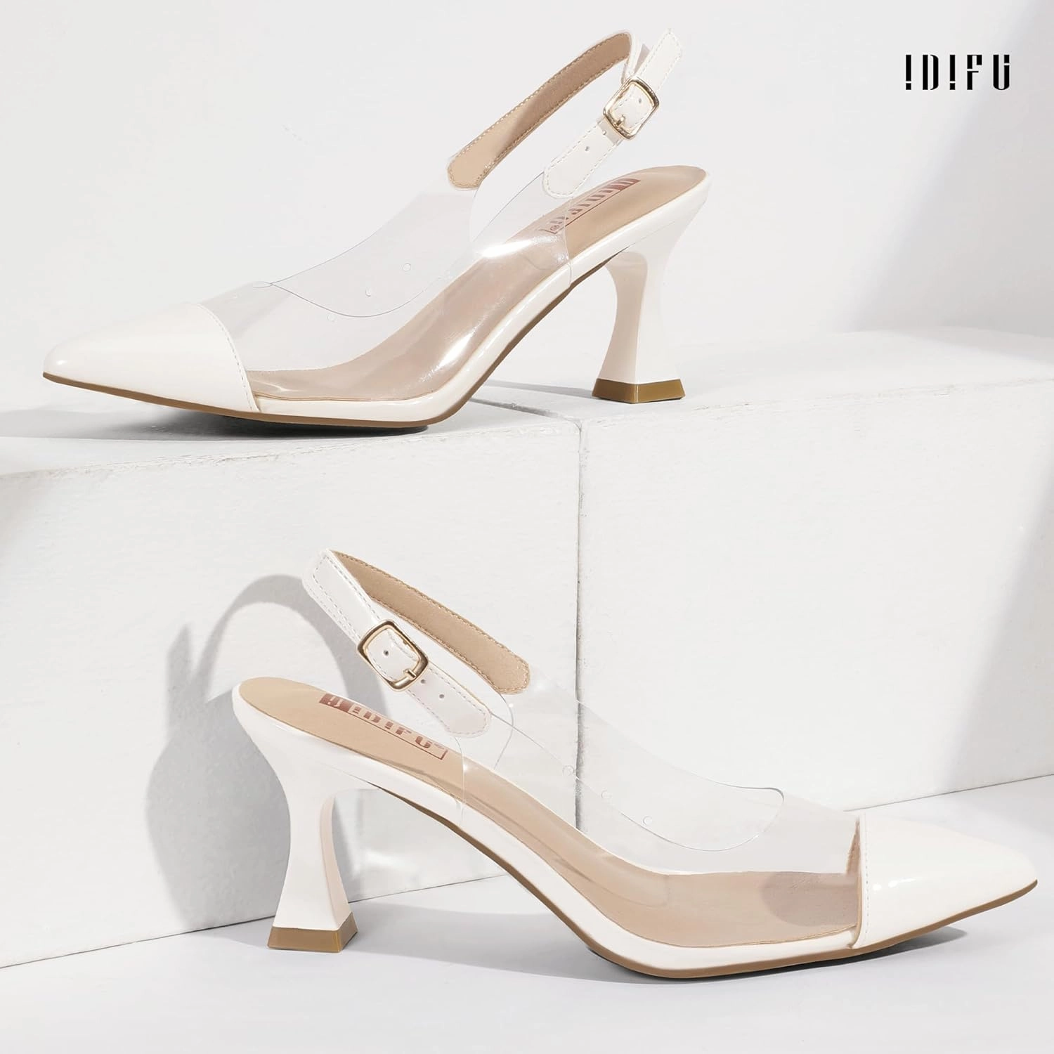 IDIFU IN3 Clear Kitten Heels Women's Pumps Closed Pointed Toe Slingback Low Short Heels Dress Shoes for Women Wedding Bridal Bridesmaid Prom Party Sexy Dressy Cute Trendy Pumps Shoes