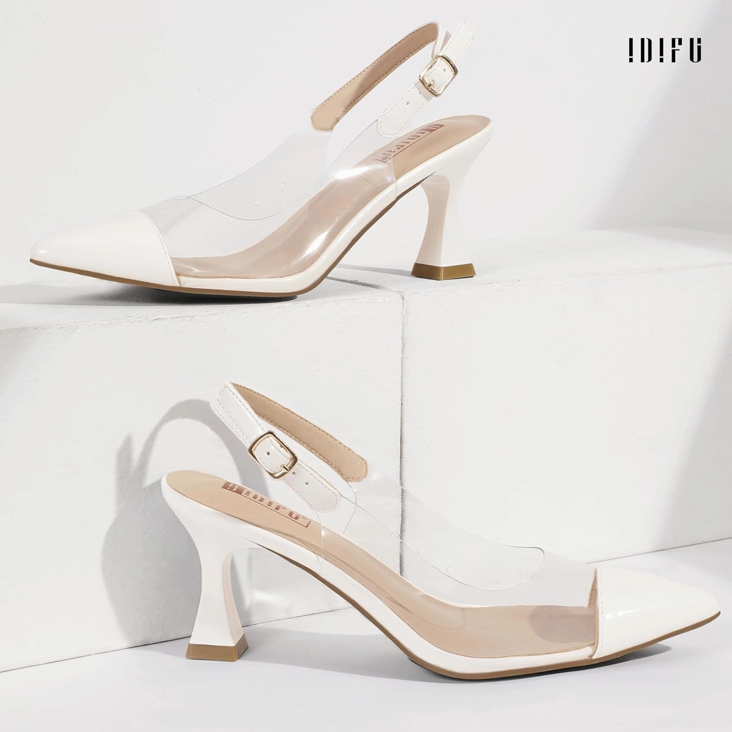 IDIFU IN3 Clear Kitten Heels Women's Pumps Closed Pointed Toe Slingback Low Short Heels Dress Shoes for Women Wedding Bridal Bridesmaid Prom Party Sexy Dressy Cute Trendy Pumps Shoes