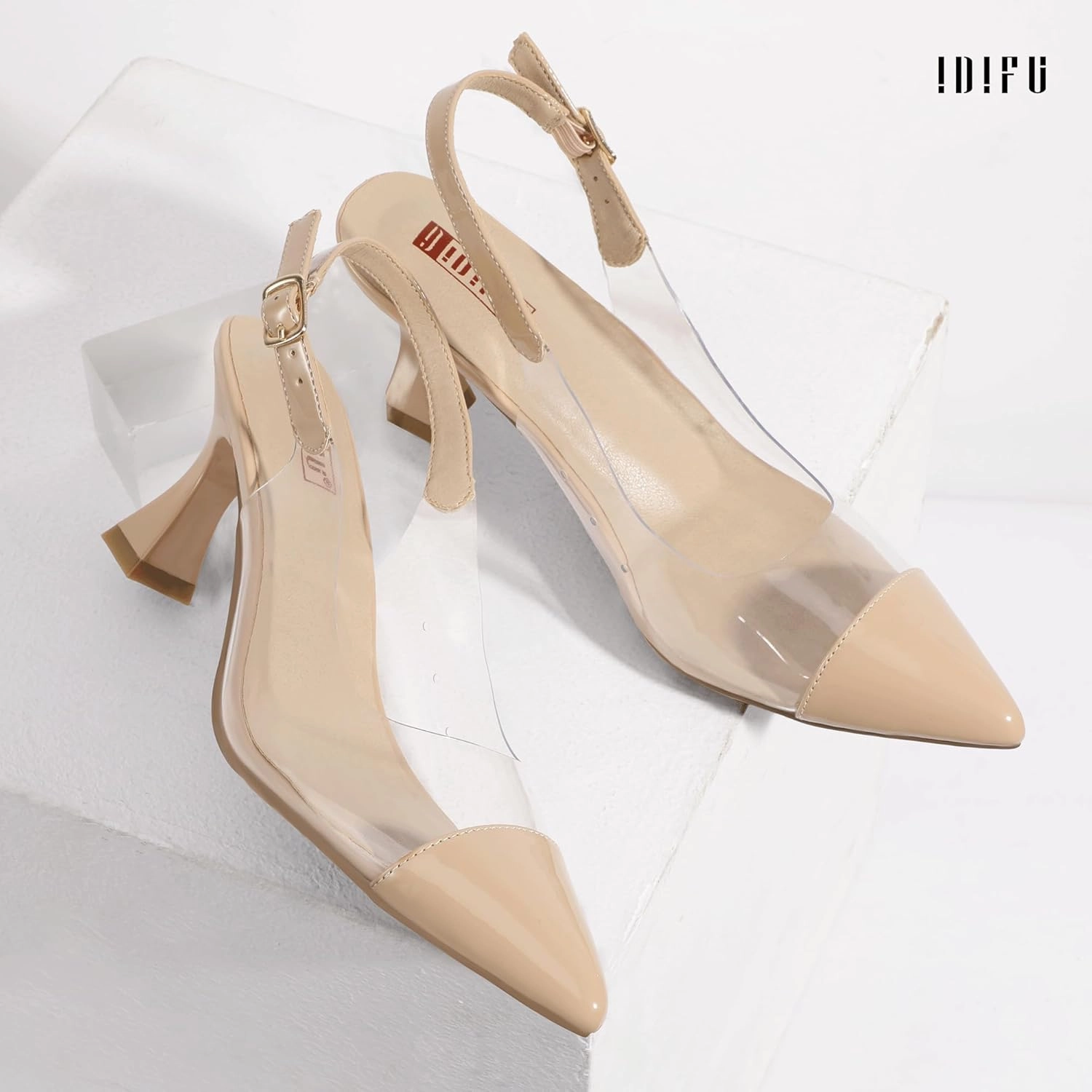 IDIFU IN3 Clear Kitten Heels Women's Pumps Closed Pointed Toe Slingback Low Short Heels Dress Shoes for Women Wedding Bridal Bridesmaid Prom Party Sexy Dressy Cute Trendy Pumps Shoes