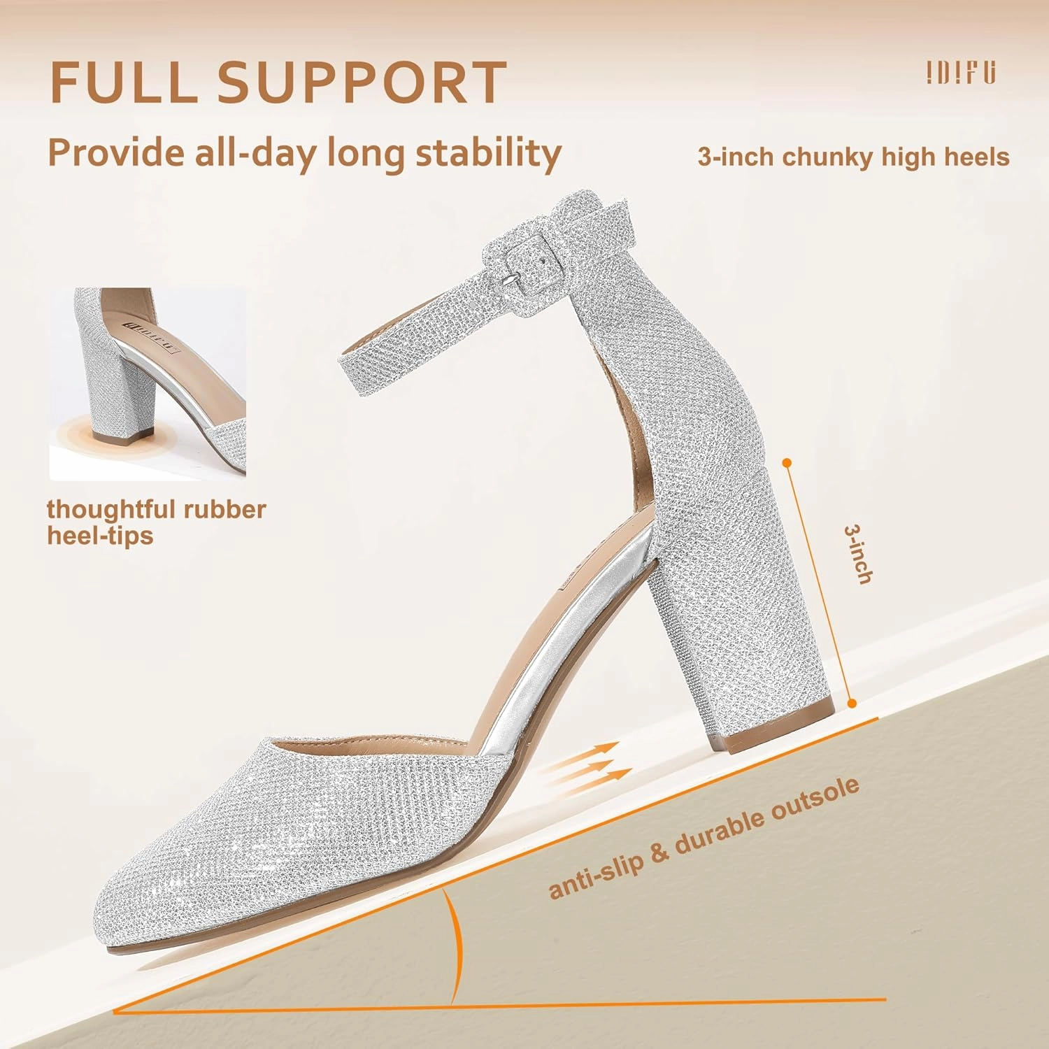 IDIFU IN3 Closed Toe Heels for Women High Chunky Block Heels Women's Pumps Comfortable Dressy Wedding Bridal Bride Party Homecoming Prom Work Shoes Fashion Cute Ankle Strap Round Toe Dress Shoes