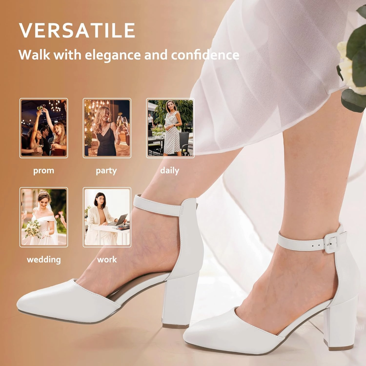 IDIFU IN3 Closed Toe Heels for Women High Chunky Block Heels Women's Pumps Comfortable Dressy Wedding Bridal Bride Party Homecoming Prom Work Shoes Fashion Cute Ankle Strap Round Toe Dress Shoes