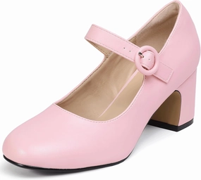 IDIFU IN3 Mary Jane Pumps Closed Toe Low Short Chunky Block Dress Shoes for Women Wedding Bridal Flight Attendant Heels Formal Cute Round Toe Vintage Small Thick Pumps Heels with Round Buckle