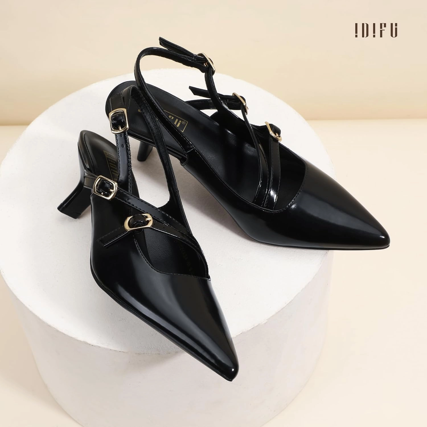 IDIFU IN3 Slingback Heels Closed Pointed Toe Pumps Strappy Low Short Chunky Block Dress Shoes for Women Wedding Bridal Prom Formal Graduation Heels Comfortable Cute Trendy Dressy Small Pumps Shoes