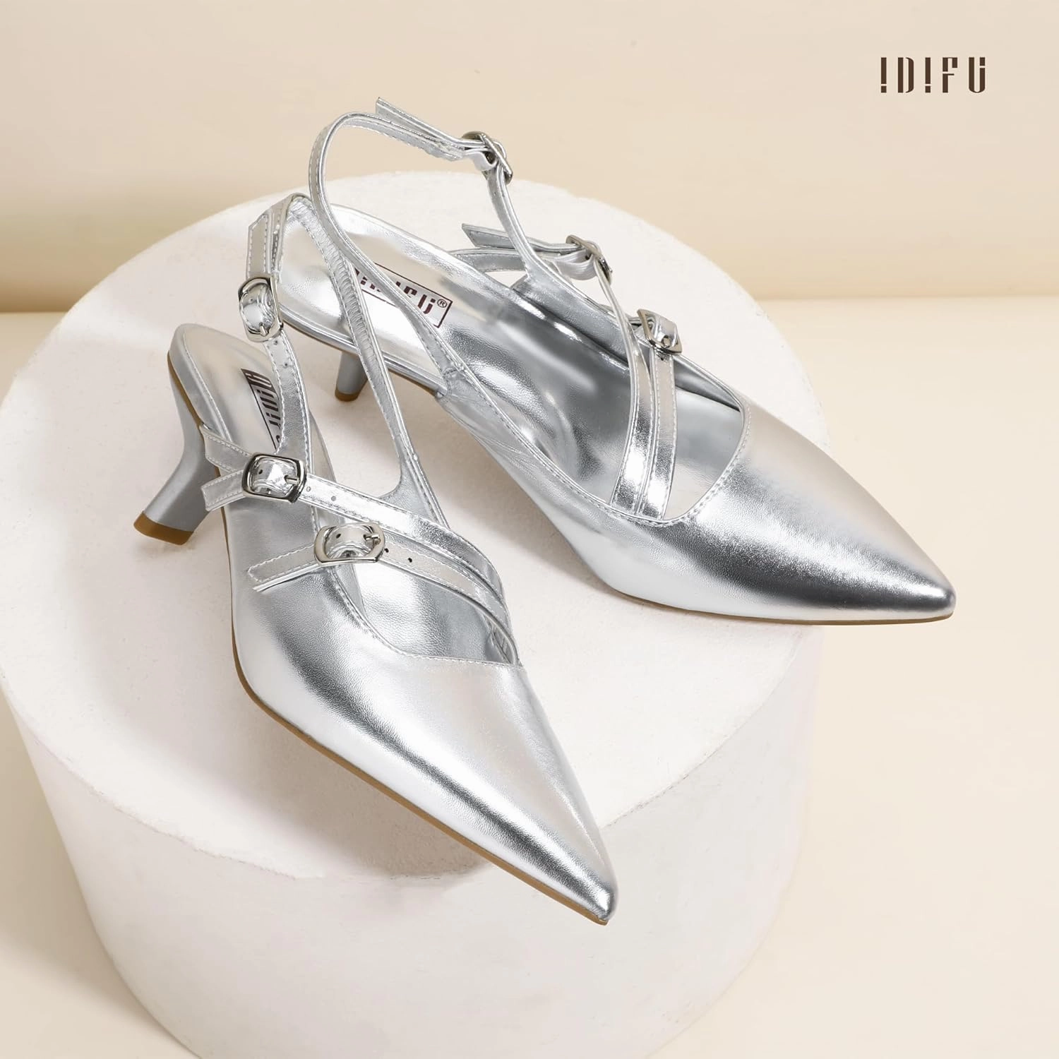 IDIFU IN3 Slingback Heels Closed Pointed Toe Pumps Strappy Low Short Chunky Block Dress Shoes for Women Wedding Bridal Prom Formal Graduation Heels Comfortable Cute Trendy Dressy Small Pumps Shoes