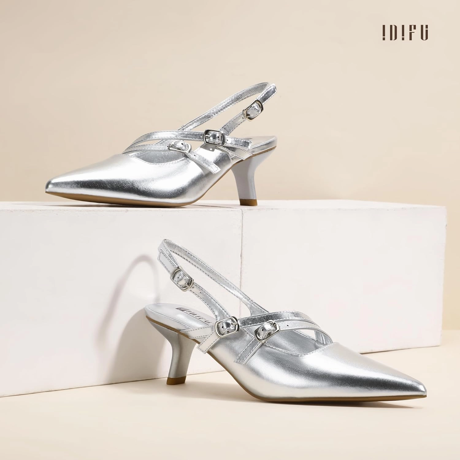 IDIFU IN3 Slingback Heels Closed Pointed Toe Pumps Strappy Low Short Chunky Block Dress Shoes for Women Wedding Bridal Prom Formal Graduation Heels Comfortable Cute Trendy Dressy Small Pumps Shoes