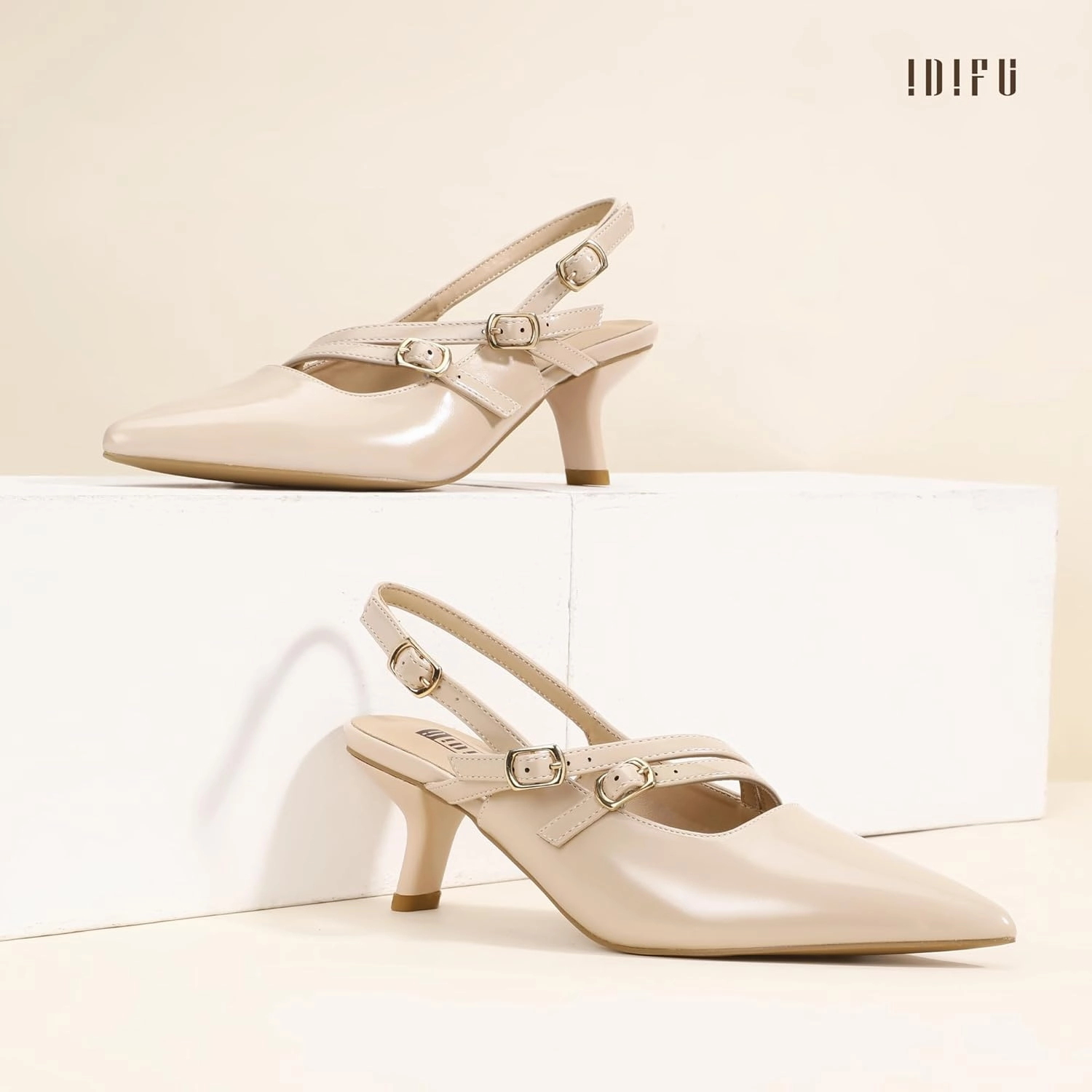 IDIFU IN3 Slingback Heels Closed Pointed Toe Pumps Strappy Low Short Chunky Block Dress Shoes for Women Wedding Bridal Prom Formal Graduation Heels Comfortable Cute Trendy Dressy Small Pumps Shoes