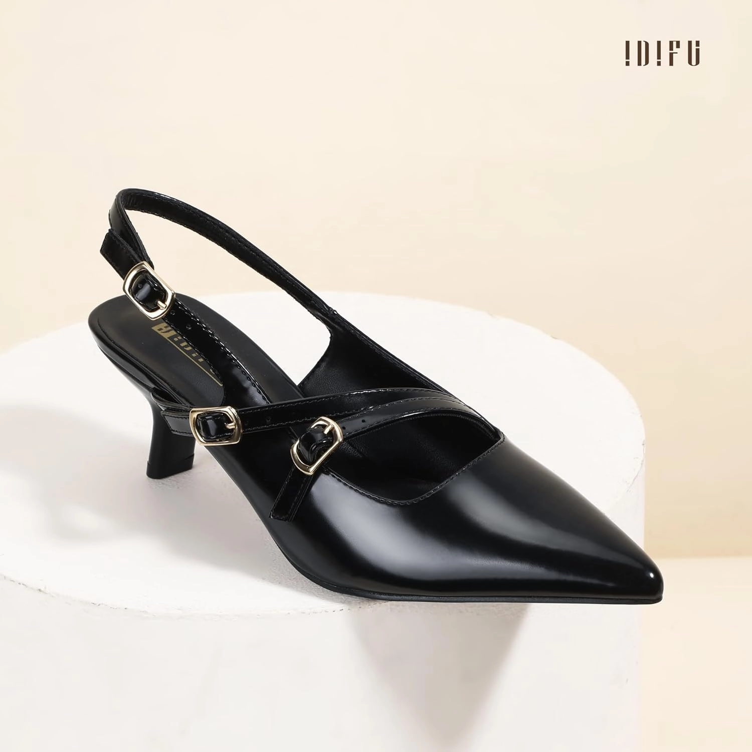 IDIFU IN3 Slingback Heels Closed Pointed Toe Pumps Strappy Low Short Chunky Block Dress Shoes for Women Wedding Bridal Prom Formal Graduation Heels Comfortable Cute Trendy Dressy Small Pumps Shoes