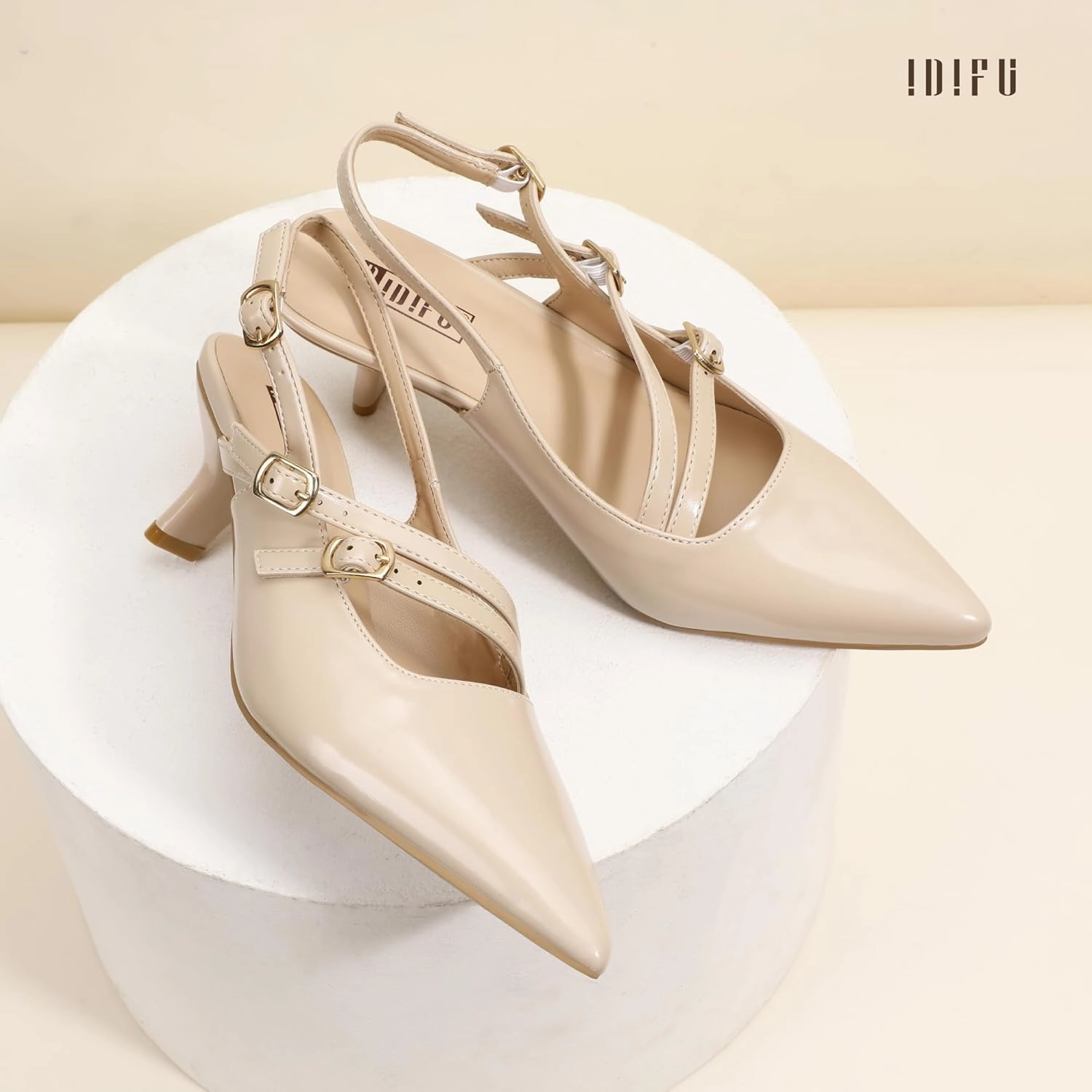 IDIFU IN3 Slingback Heels Closed Pointed Toe Pumps Strappy Low Short Chunky Block Dress Shoes for Women Wedding Bridal Prom Formal Graduation Heels Comfortable Cute Trendy Dressy Small Pumps Shoes