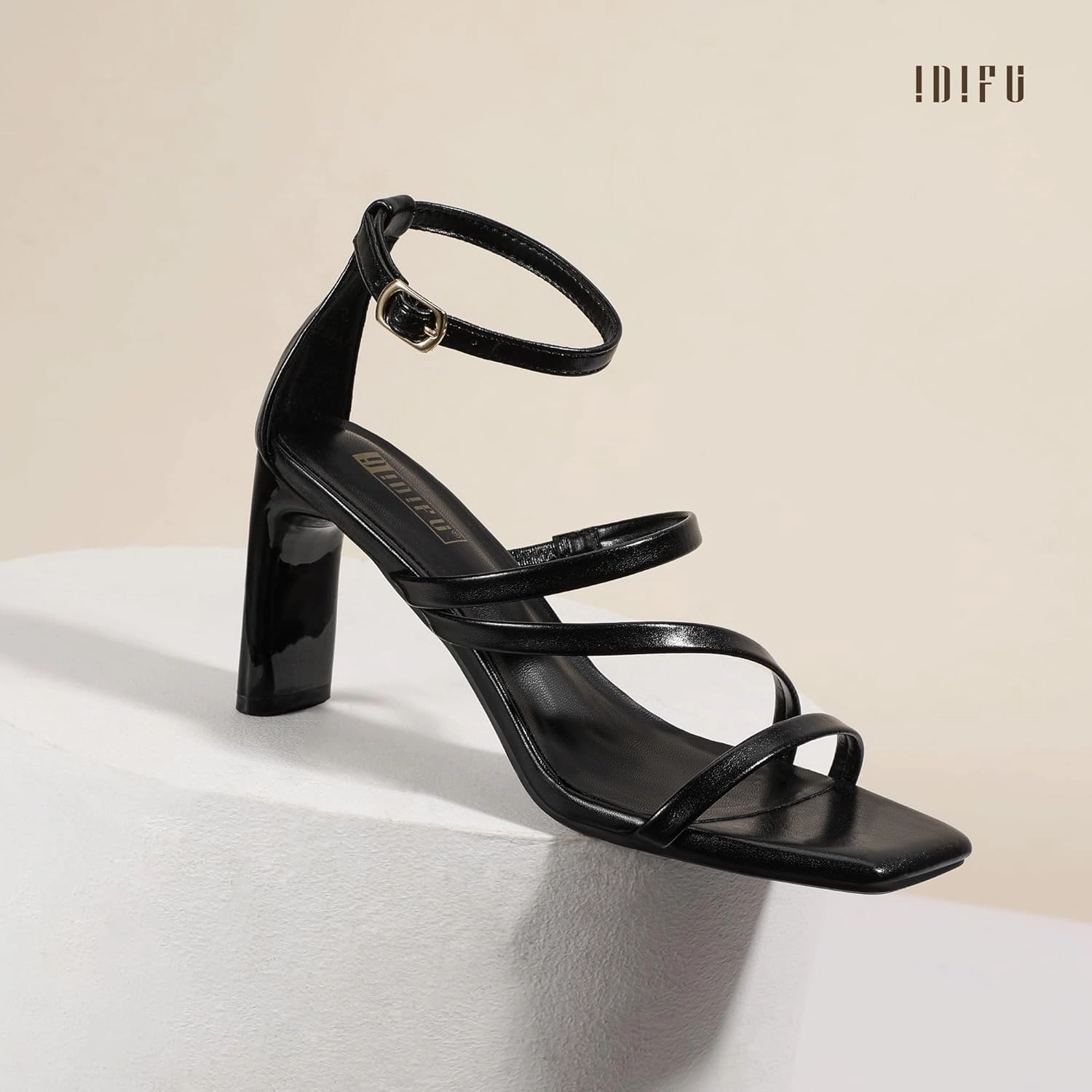 IDIFU IN3 Strappy Heels for Women Low Chunky Block Square Open Toe Heeled Sandals Wedding Bridal Bride Prom Party Dress Shoes Comfortable Dressy Formal Cute Ankle Strap Thick Heels