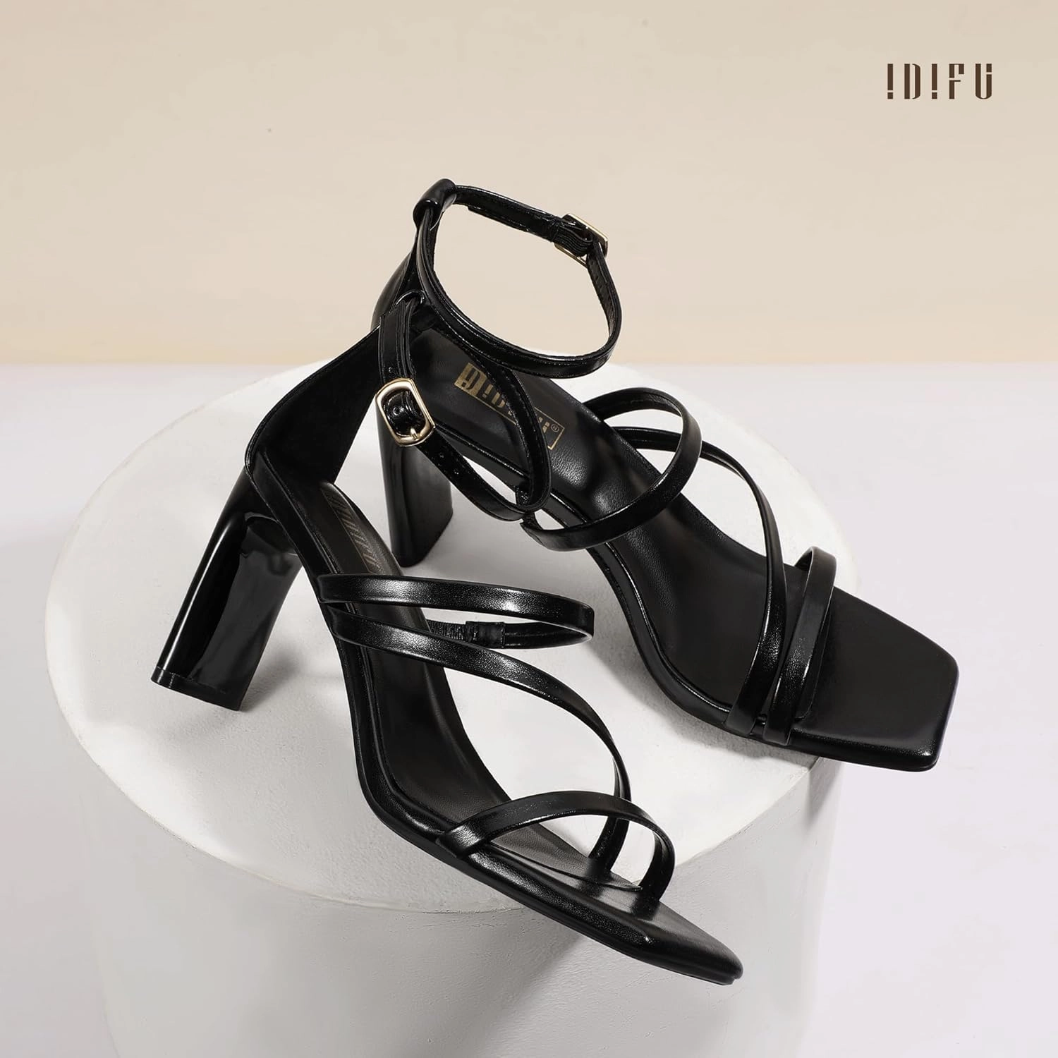 IDIFU IN3 Strappy Heels for Women Low Chunky Block Square Open Toe Heeled Sandals Wedding Bridal Bride Prom Party Dress Shoes Comfortable Dressy Formal Cute Ankle Strap Thick Heels