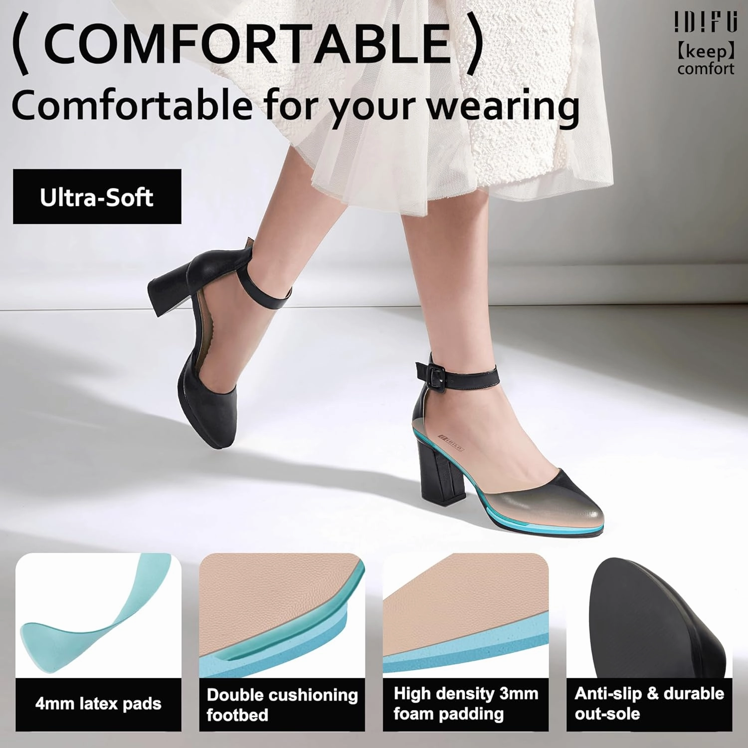 IDIFU IN3 Women's Chunky Block Heels Dress Shoes for Women - Dressy Wedding Bridal Prom Shoes - Pointed Toe Ankle Strap Comfortable Short Thick Heels